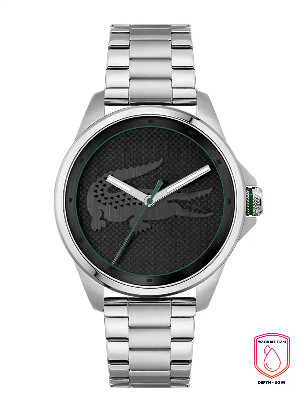Lacoste Men Black Brass Dial Silver Toned Stainless Steel Bracelet Style  Straps Analogue Watch