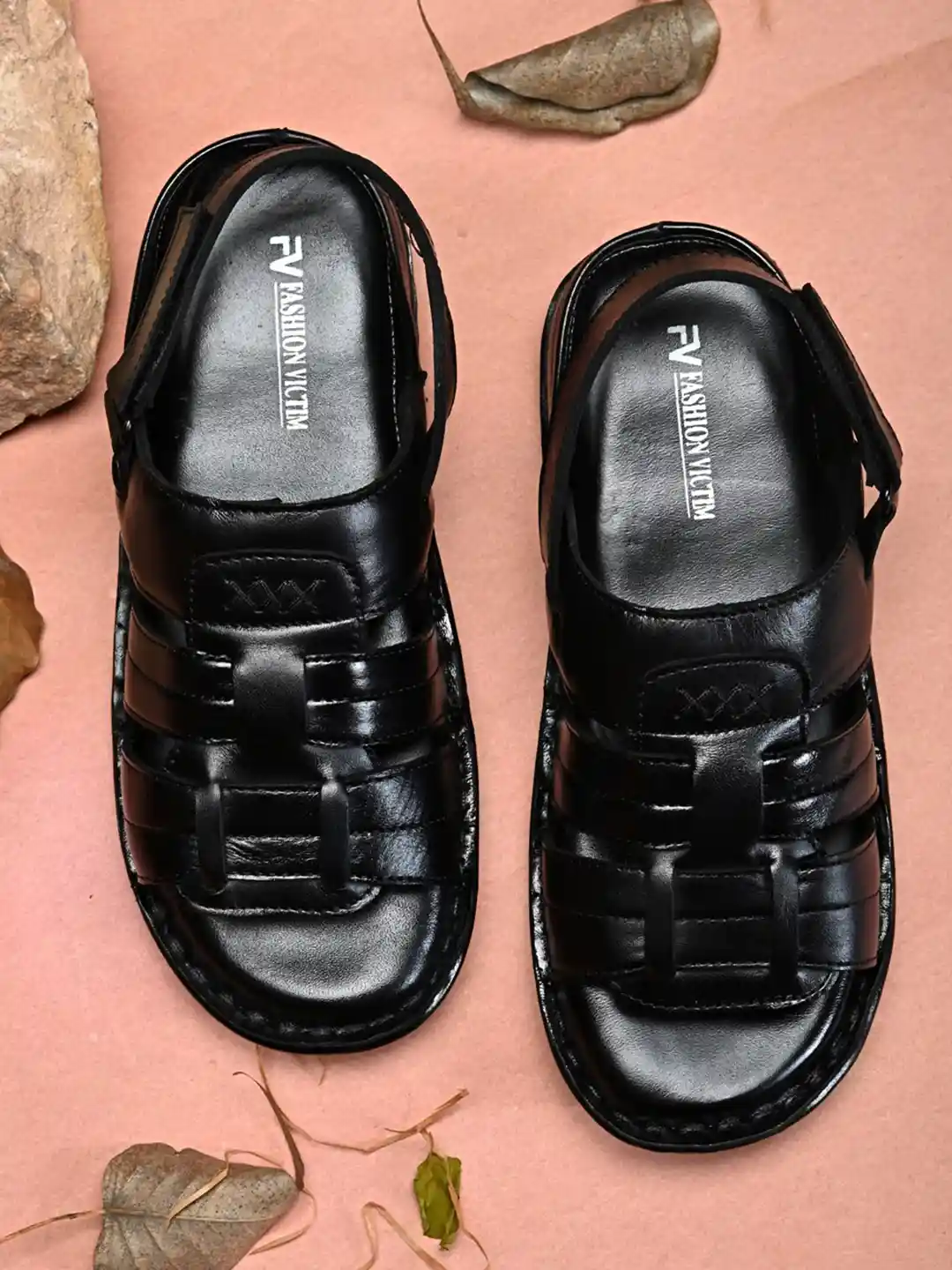 Fashion Victim Men Black Leather Shoe-Style Sandals