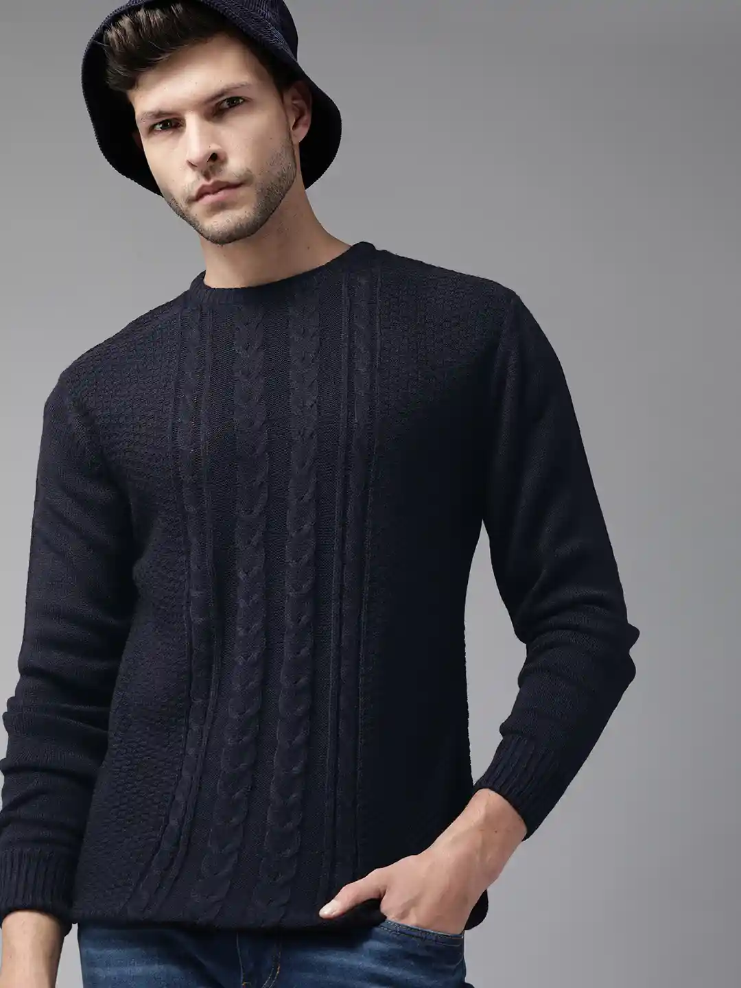 The Roadster Lifestyle Co Men Navy Blue Self Design Cable Knit Pullover