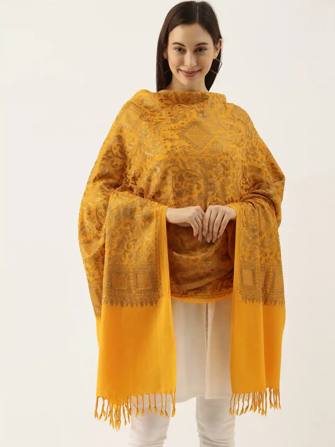 Buy Pashmoda Women Pure Woolen Yellow Floral Embroidered Shawl
