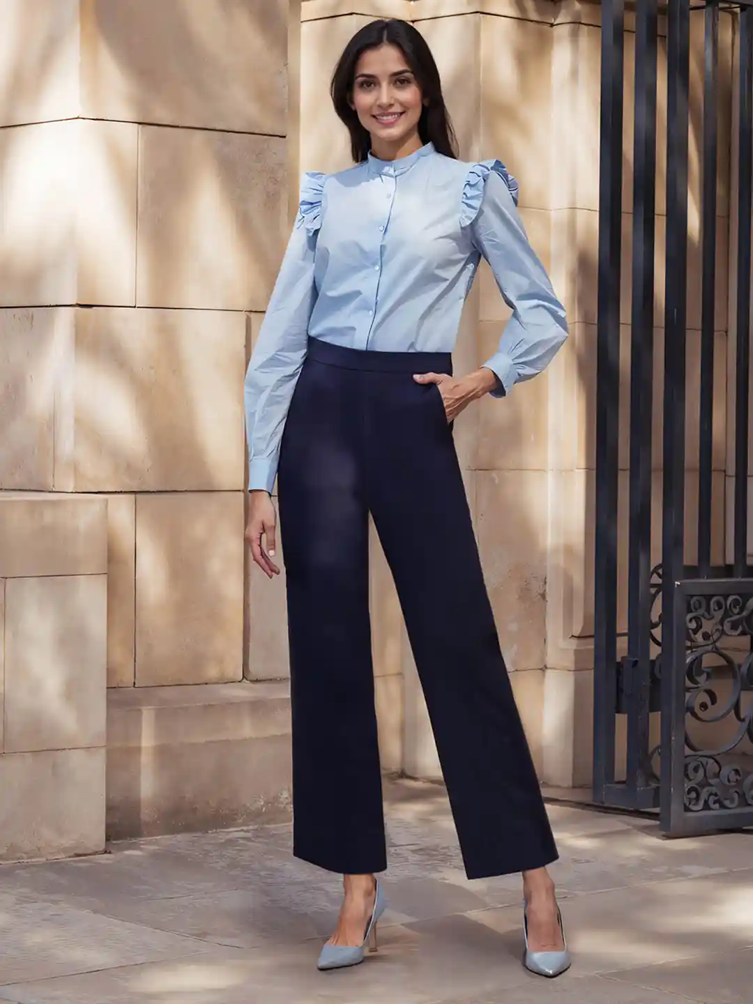 FableStreet Women Navy Blue LivIn Wide Leg Mid-Rise Parallel Trousers