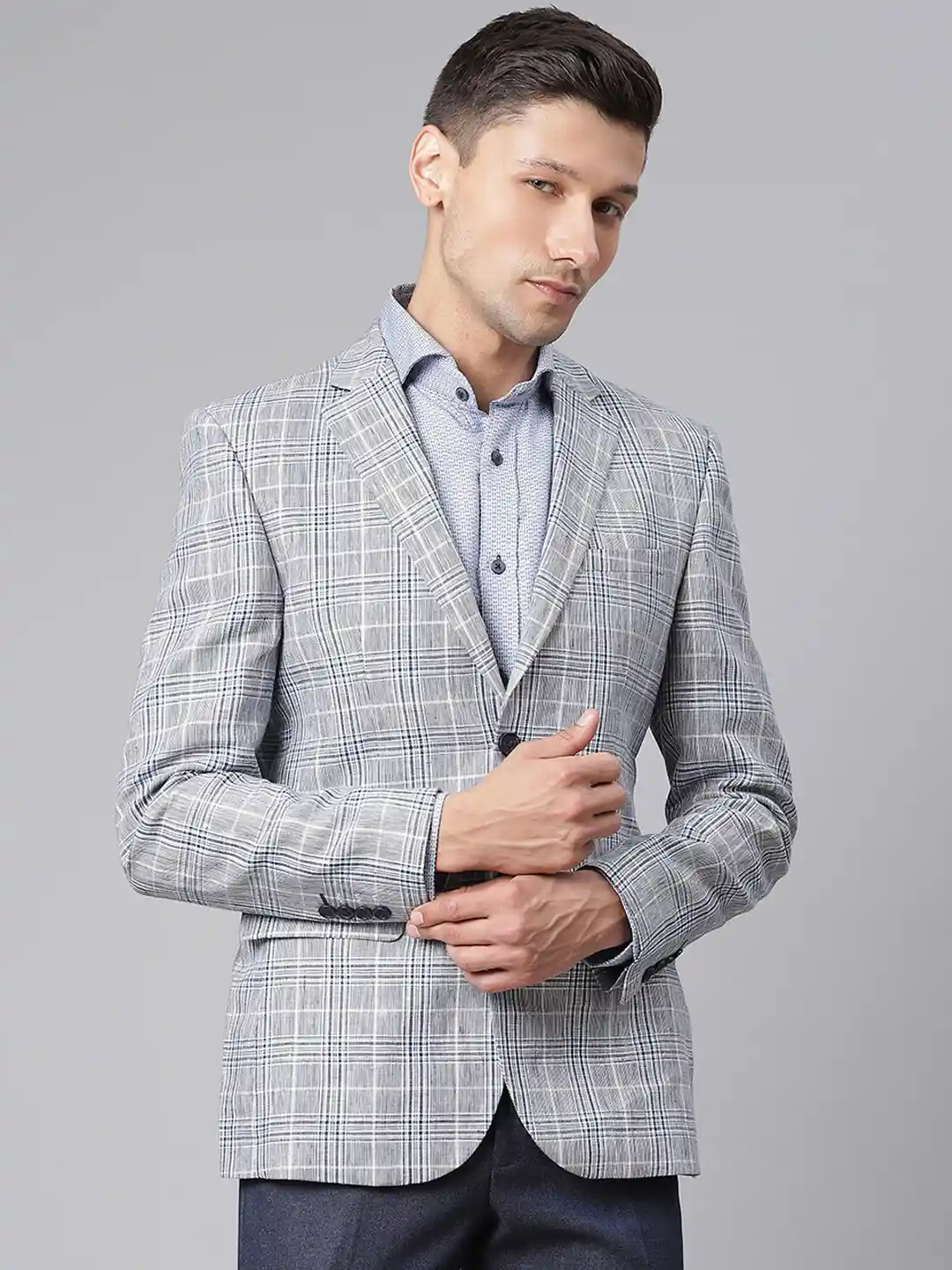 Buy HARSAM Men Grey Checked Single-Breasted Slim-Fit Formal Blazer
