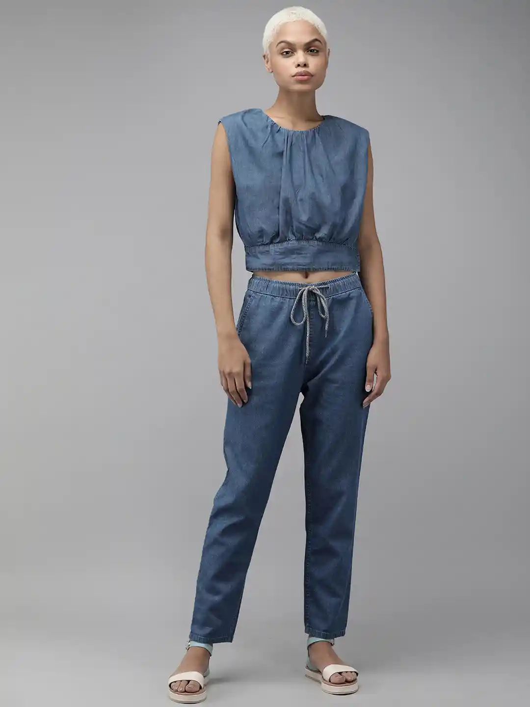 Buy The Roadster Lifestyle Co Women Blue Solid Denim Co-Ord Set
