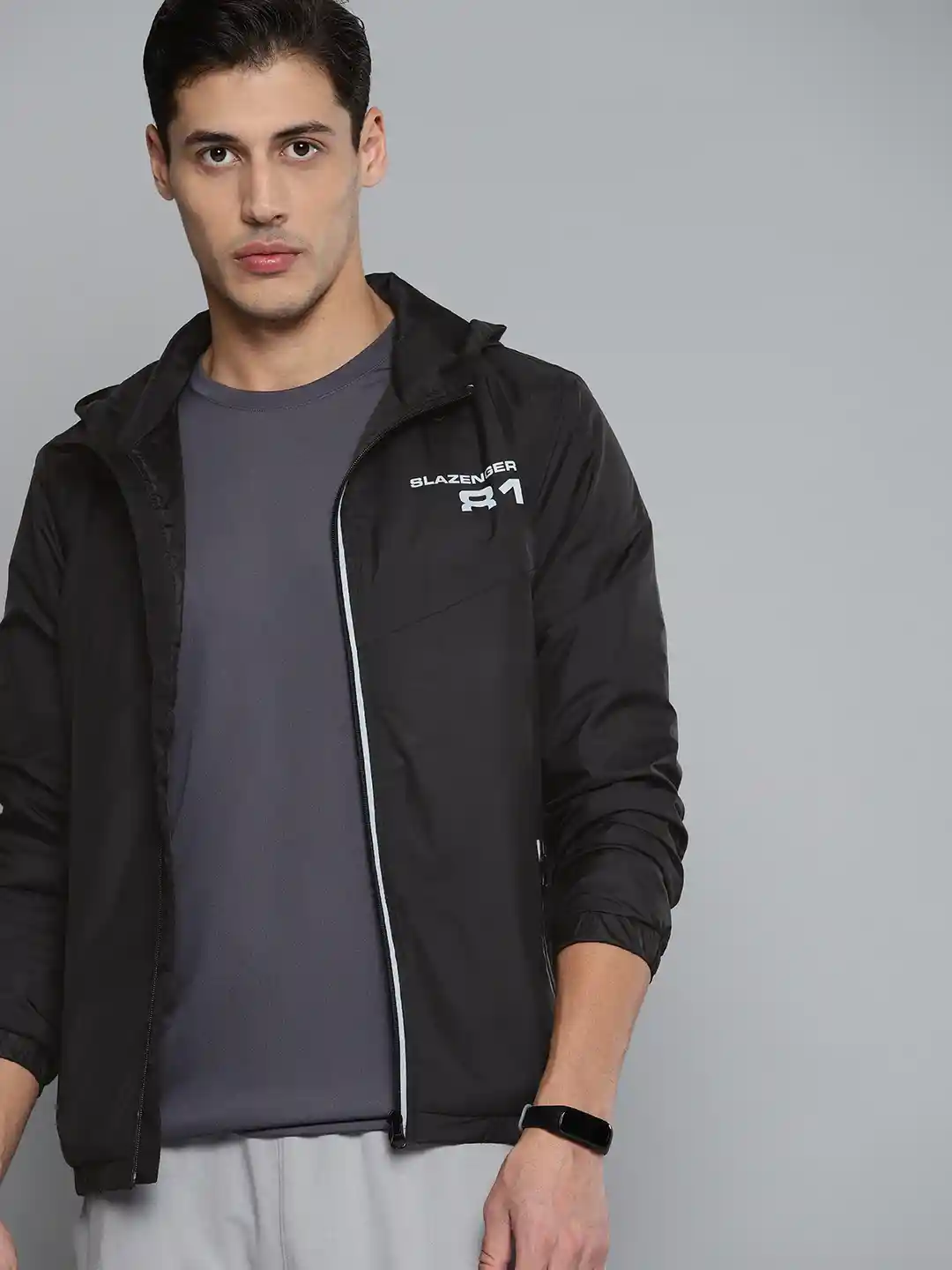 Slazenger Men Black Hooded Running Rapid-Dry Jacket with Printed Back - Main Image