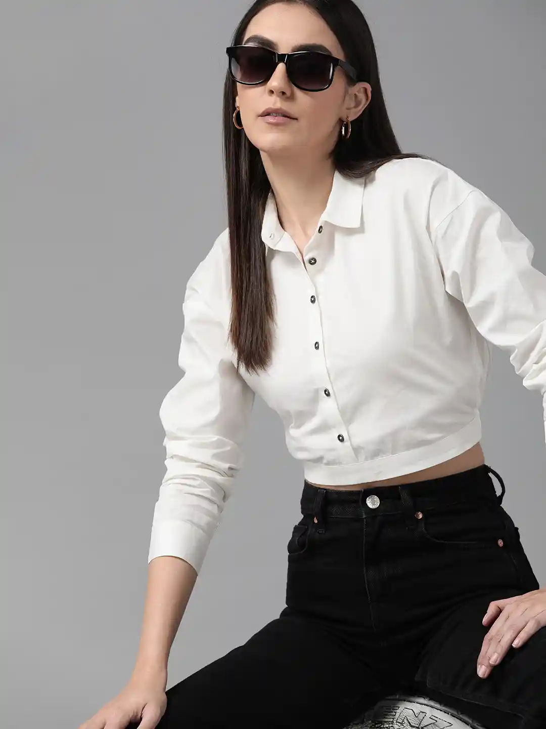 Buy Roadster Women Off White Pure Cotton Crop Casual Shirt