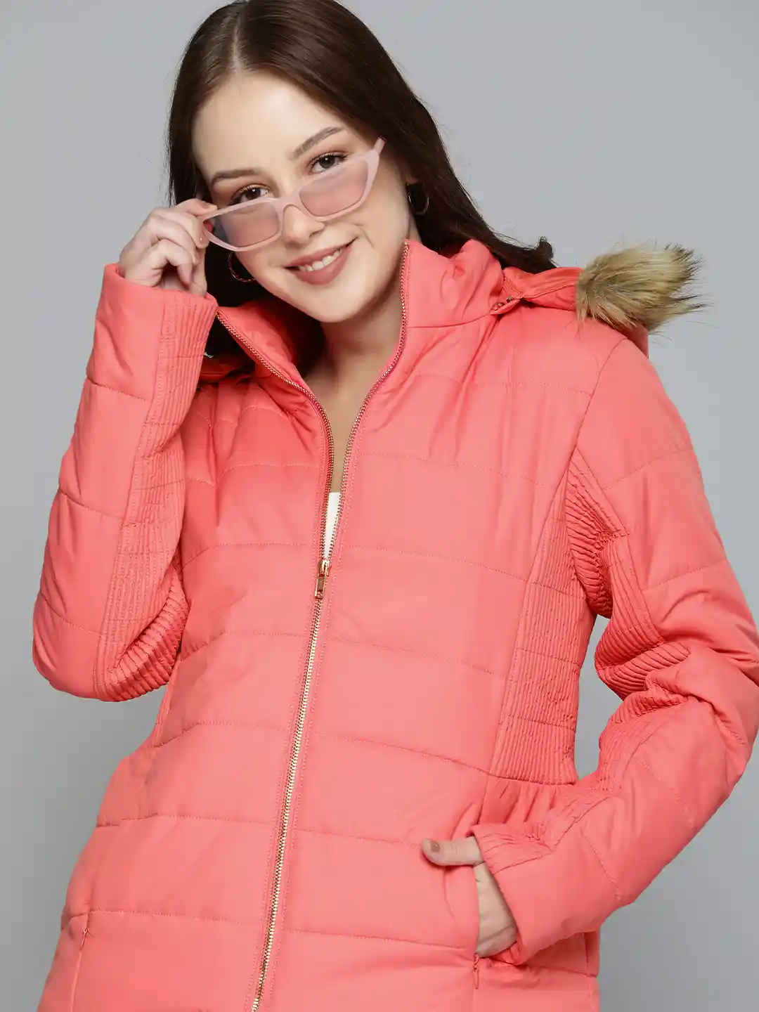 Buy HERE&NOW Women Peach-Coloured Puffer Jacket Jackets for