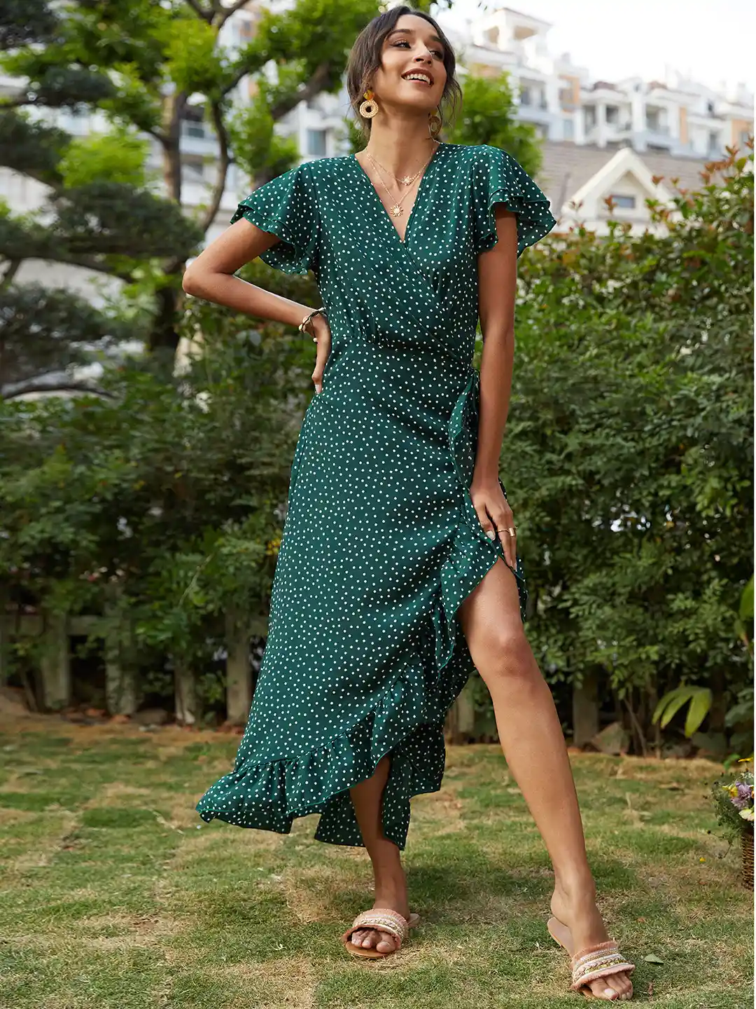 Buy URBANIC Green White Polka Dots Wrap Maxi Dress Dresses for