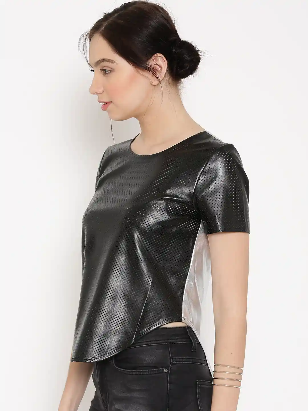 Buy FOREVER 21 Women Black Solid Faux Leather Top - Tops for Women