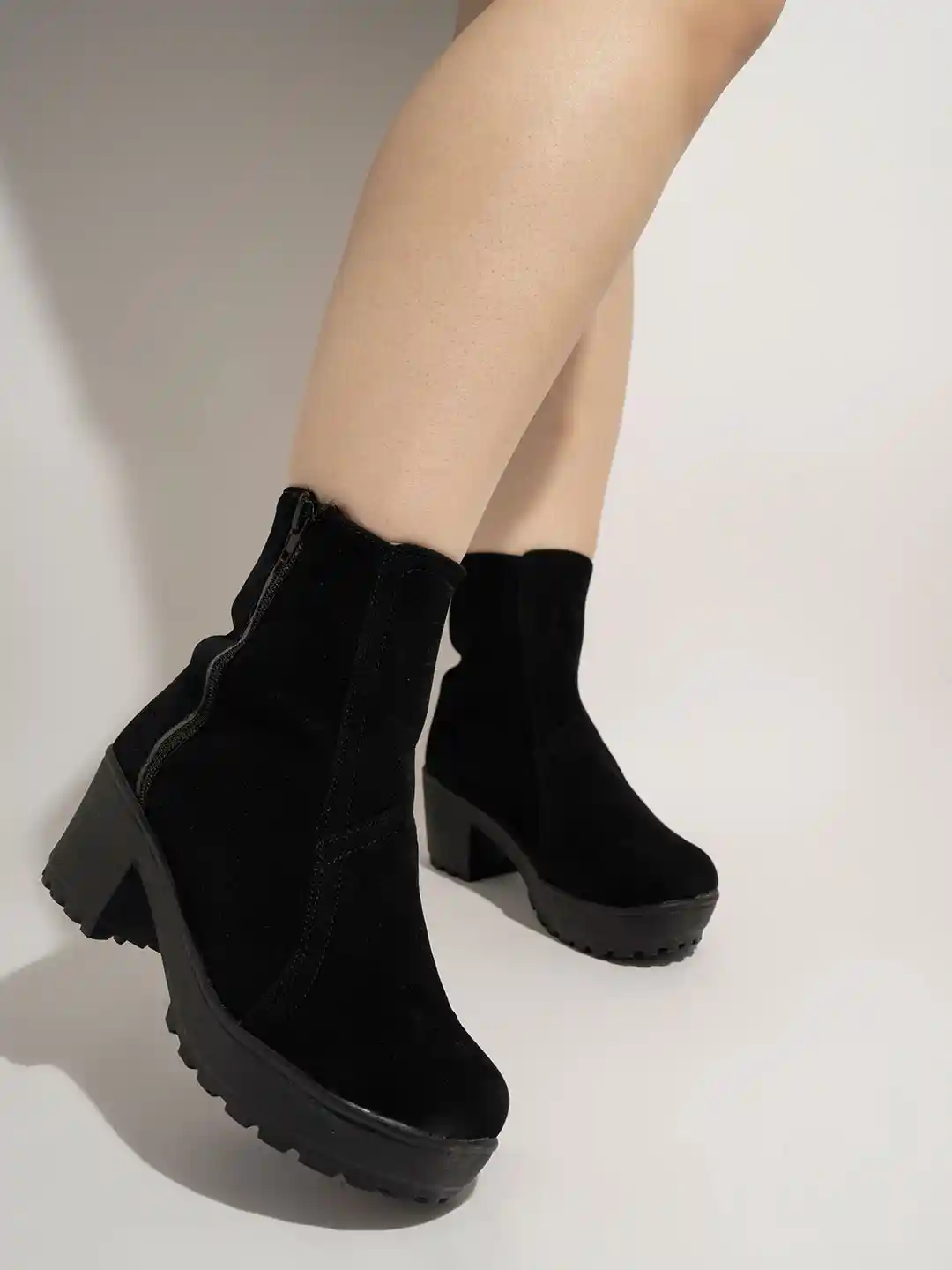 Buy Shoetopia Women Black Suede High-Top Block Heeled Boots