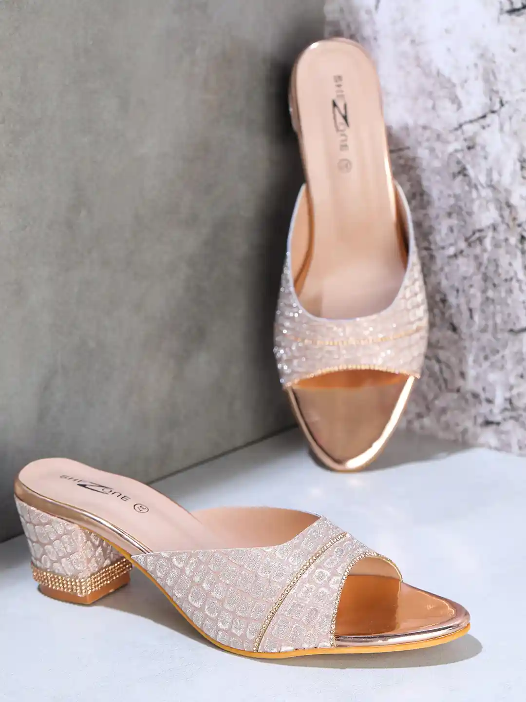 Shezone Rose Gold Embellished Party Block Heels
