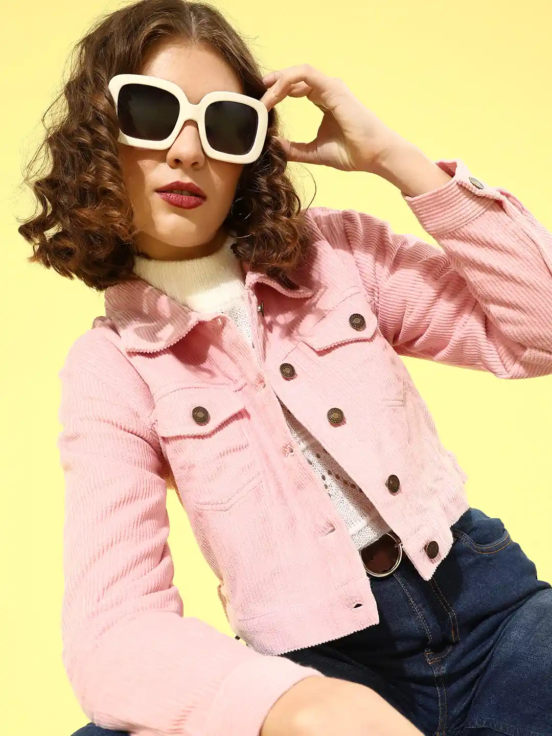 Buy SASSAFRAS Women Pink Striped Corduroy Crop Trucker Jacket