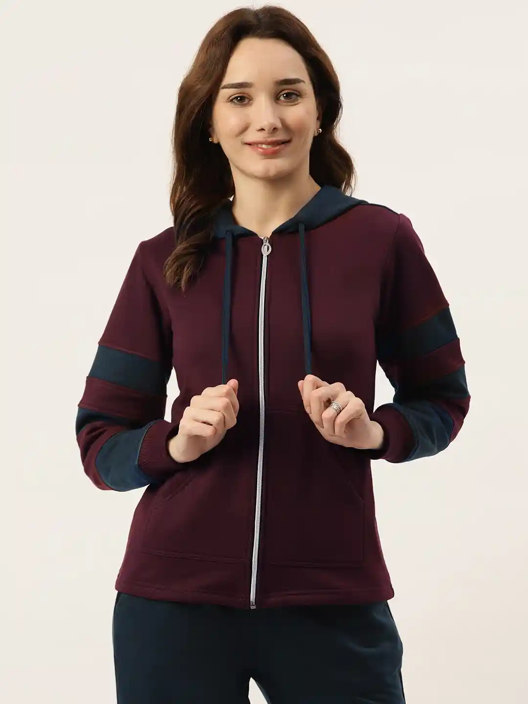 Buy BRINNS Women Burgundy Navy Blue Striped Fleece Hooded