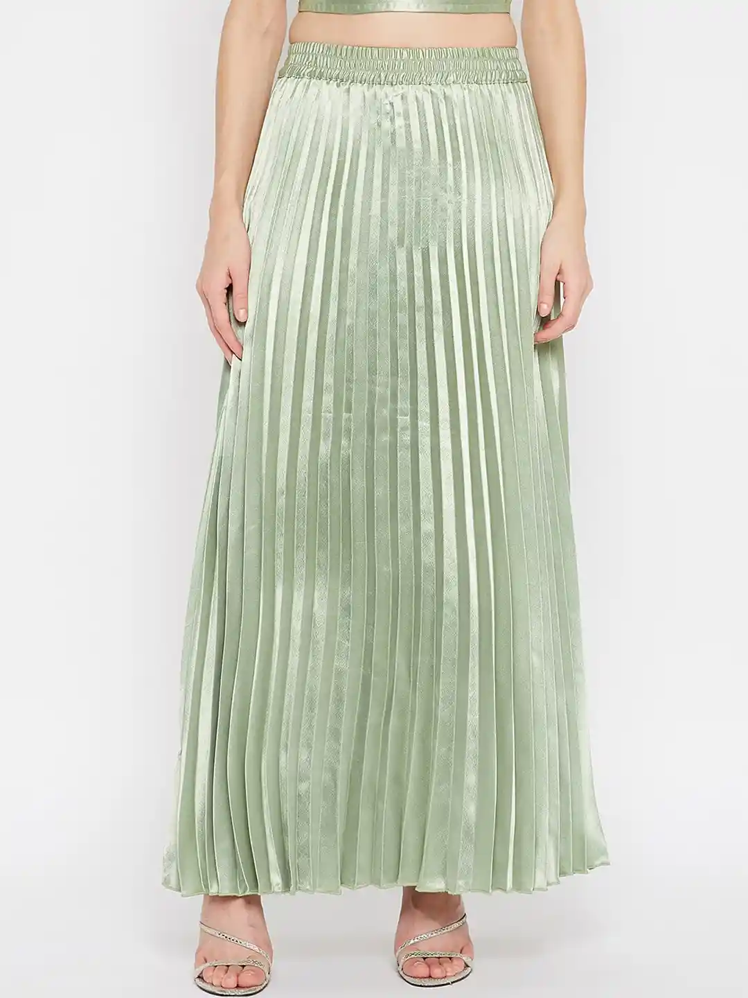 Buy U&F Women Green Solid Accordion Pleated Maxi Flared Skirt