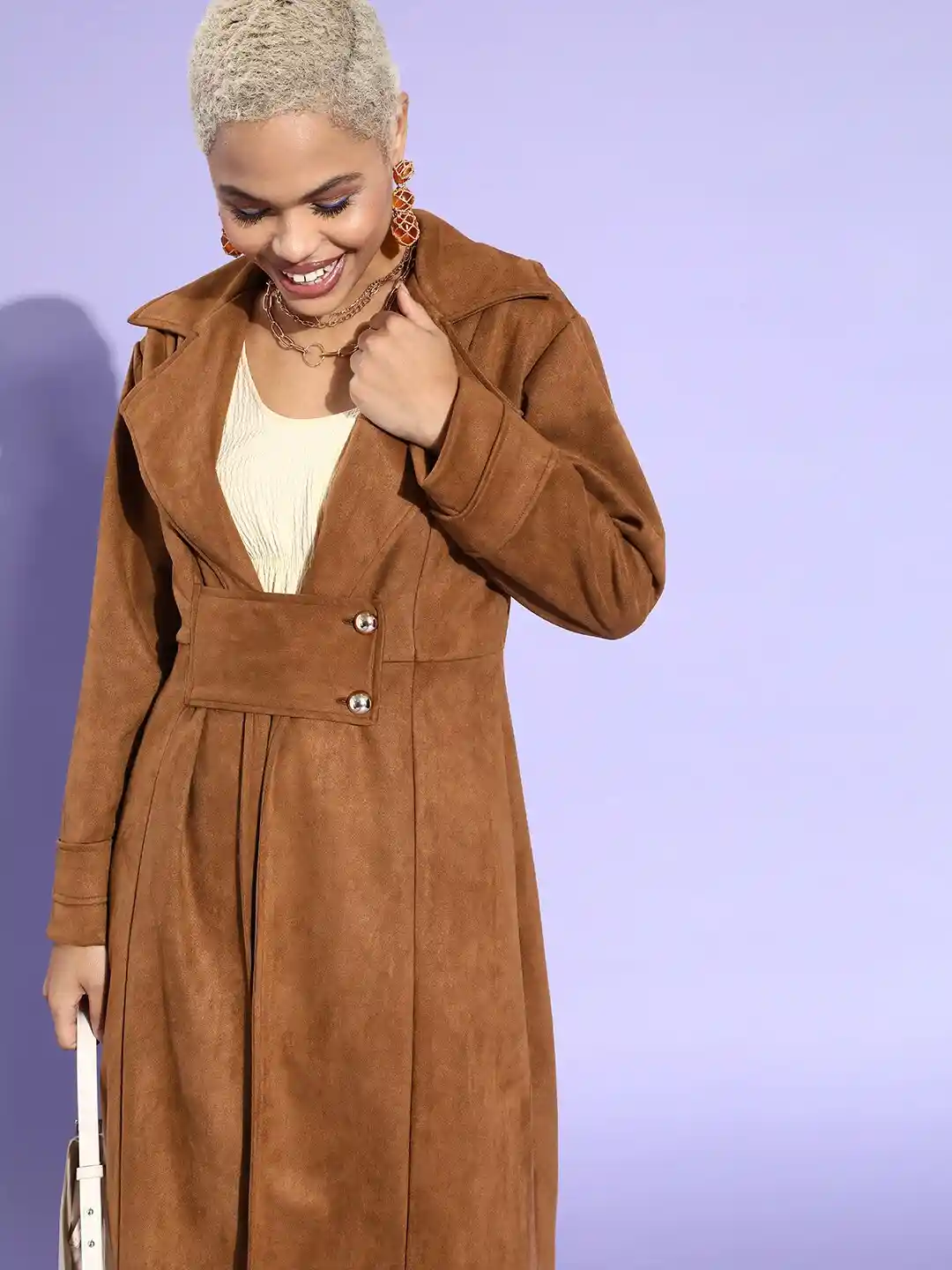 Buy Athena Women Brown Solid Longline Suede Trench Coat Coats