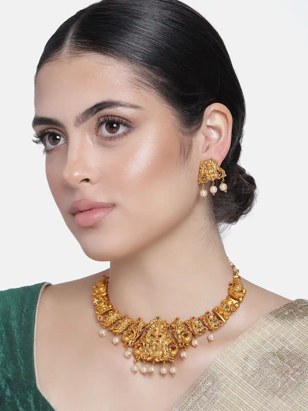 Estele Gold Plated Godess Lakshmi Nakshi Temple Necklace Set with Colored  Stones Pearls