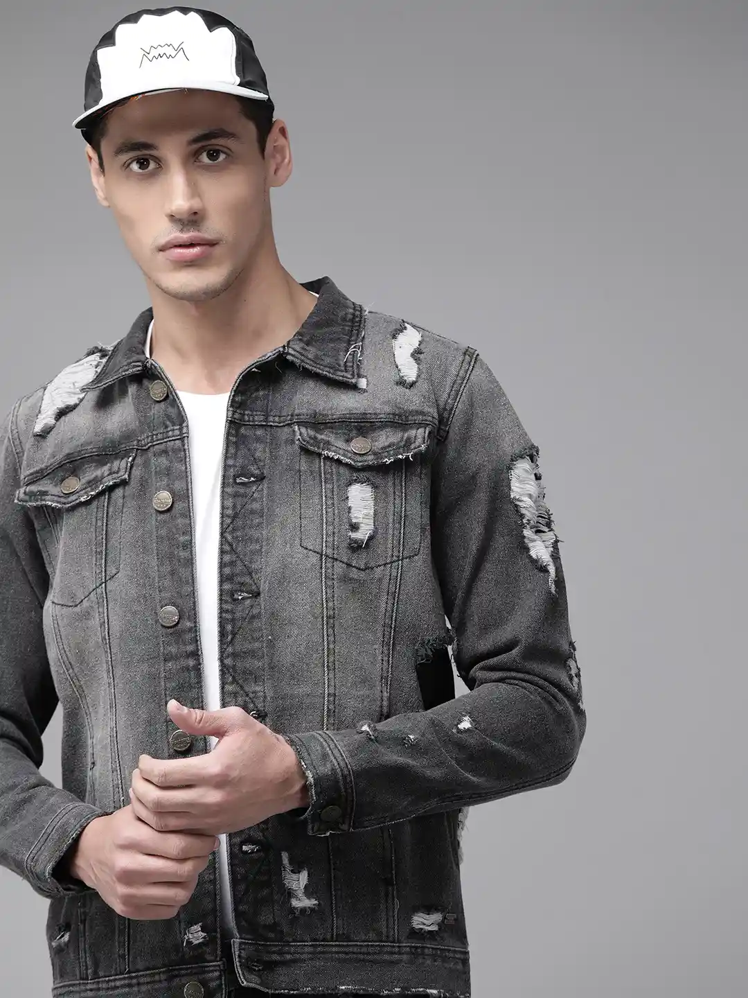 Buy Roadster Men Charcoal Grey Distressed Denim Jacket Jackets