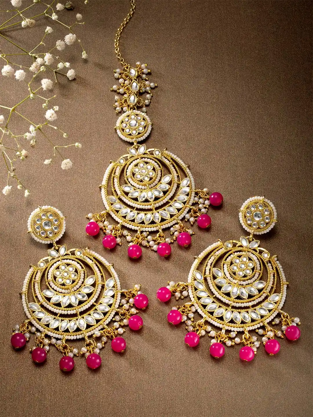 Buy Peora Magenta Pink Gold Plated Kundan Studded Chandbali