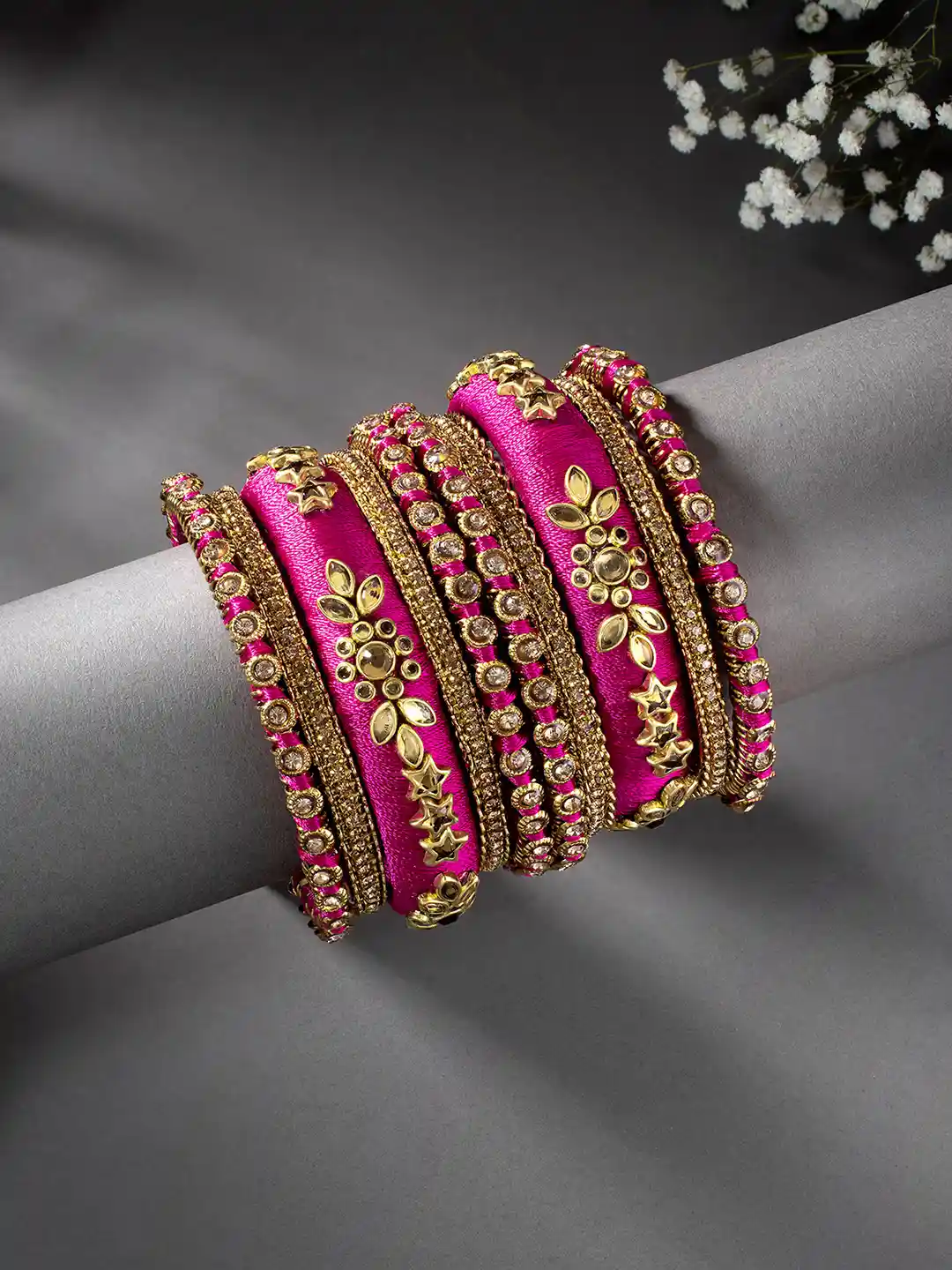 Buy Peora Set of 10 Magenta Pink Handcrafted Silk Thread Kundan