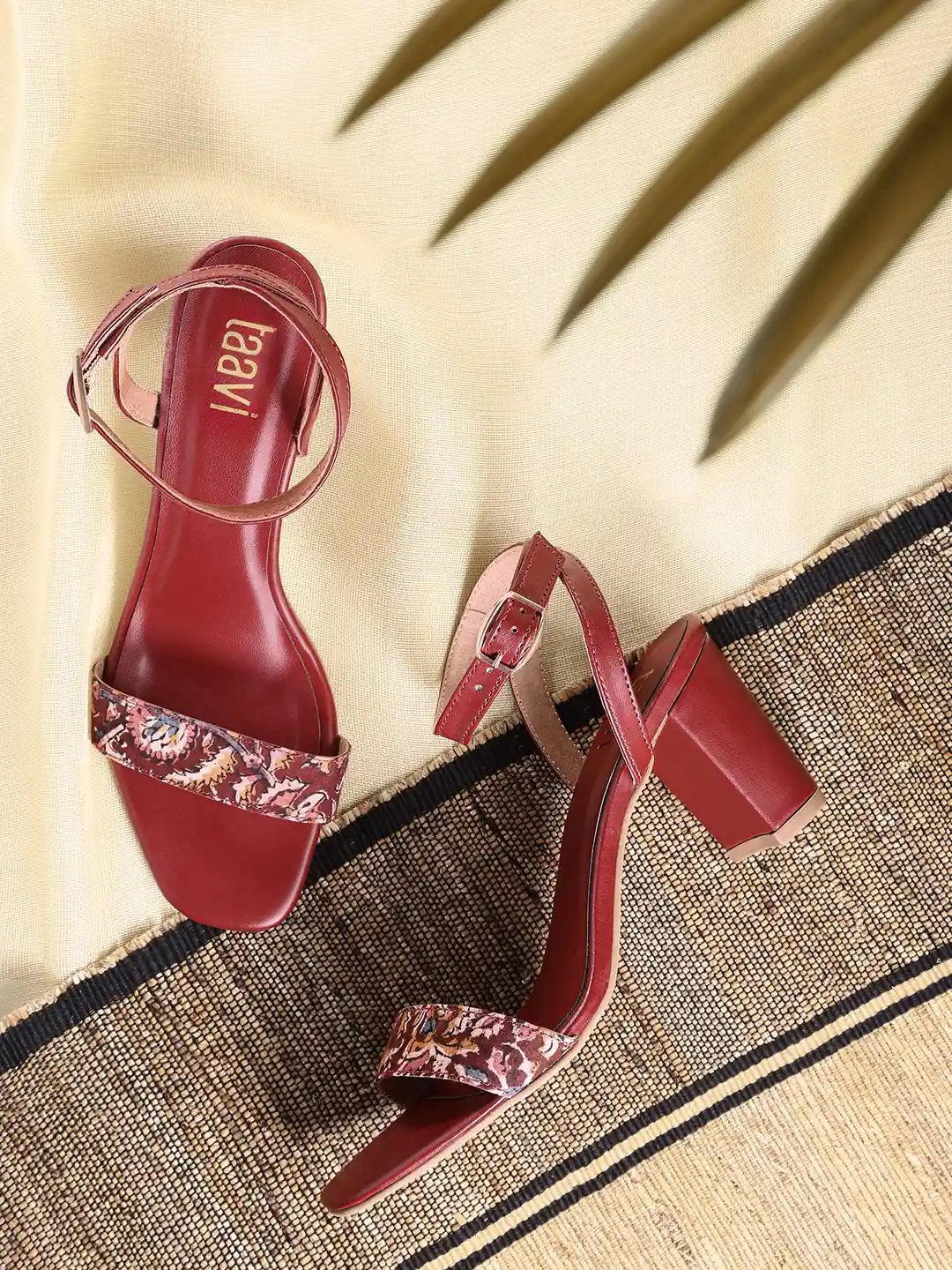 Buy Taavi Maroon Beige Floral Print Handcrafted Sandals Heels