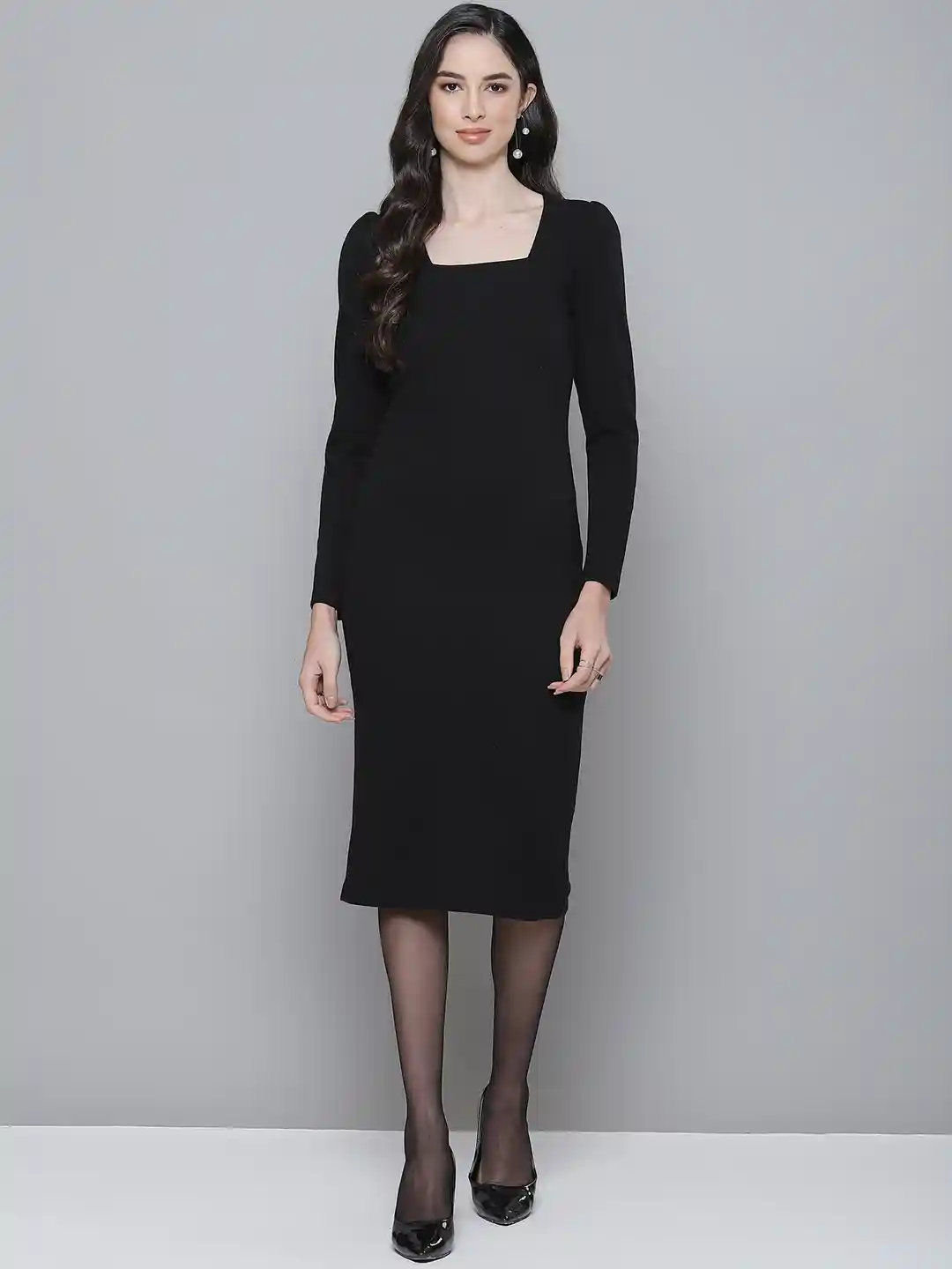 SASSAFRAS Black Ribbed Formal Sheath Dress - Main Image
