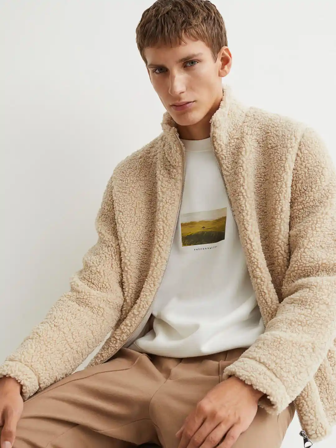 ACLENT✨Handsome loose shaggy jacket　ベージュ Buy H&M Men Beige Regular Fit Faux Shearling Jacket - Jackets for