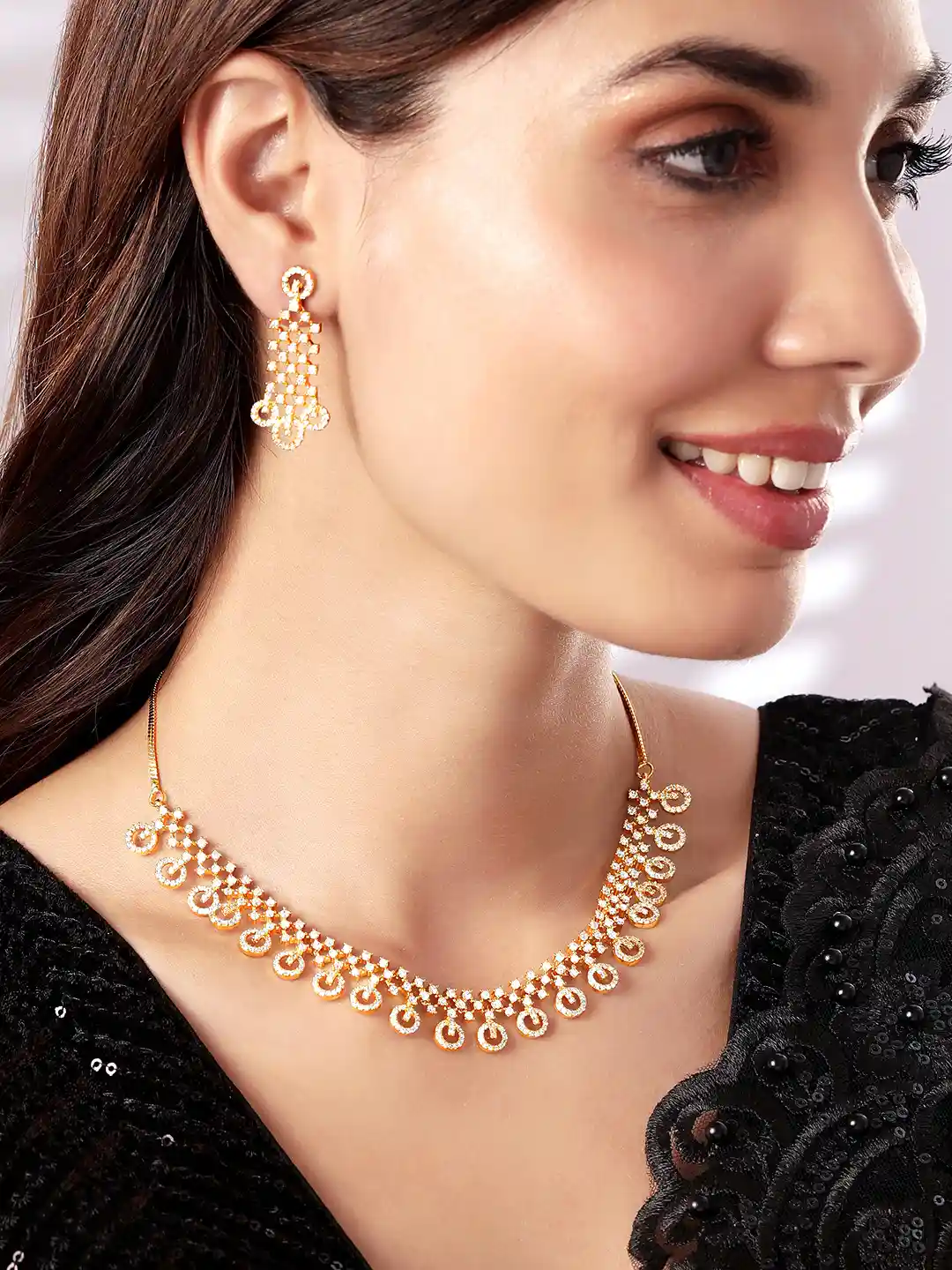Rubans 22K Gold-Plated Cubic Zirconia Studded Traditional Necklace Set