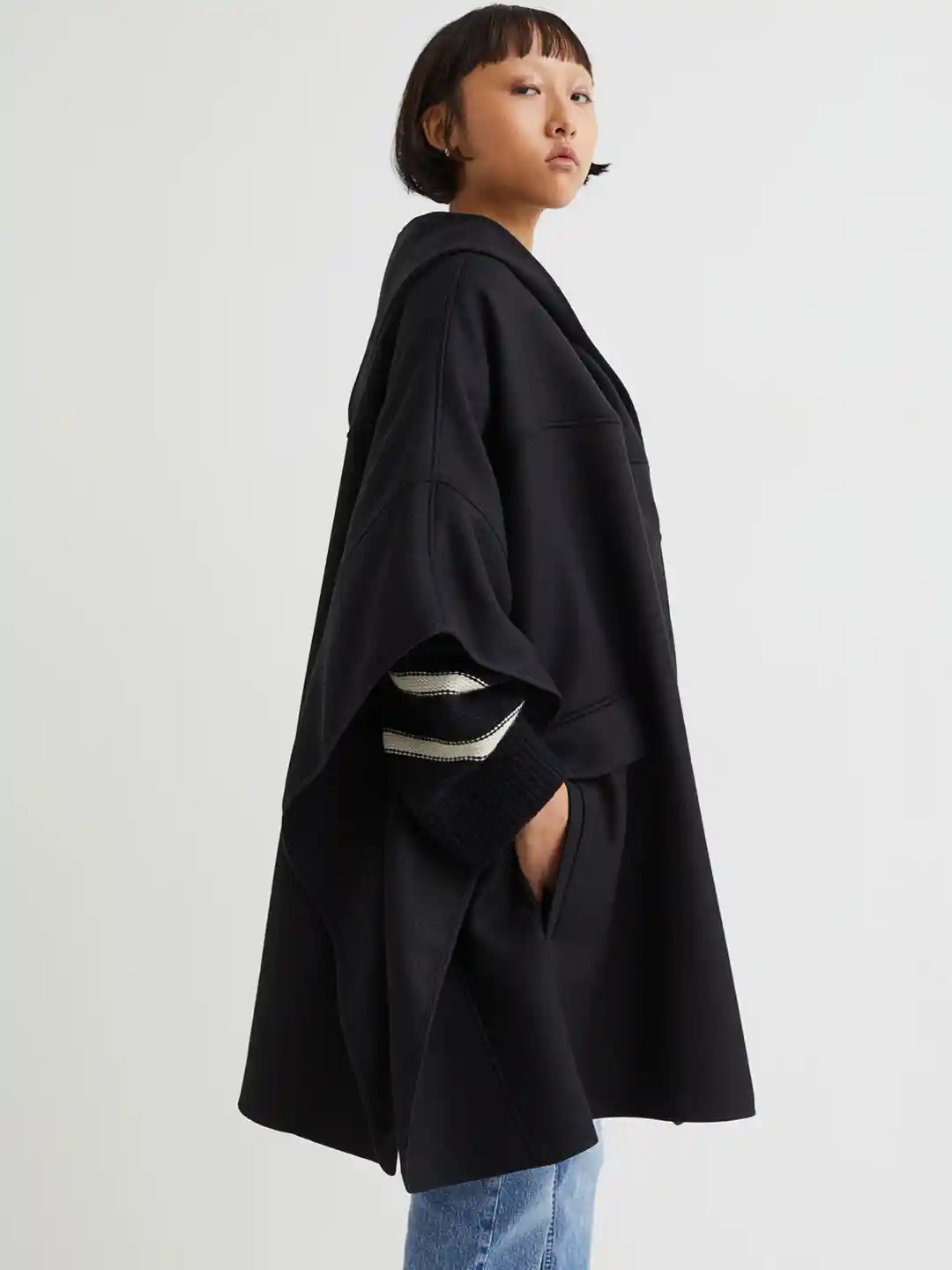 nalaナラ Wool cape coat ポンチョ コート BLACK 黒 LEATHER-TRIMMED WOOL SCARF LONG COAT - BLACK | COS