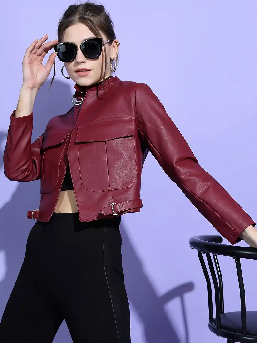 Buy Tokyo Talkies Women Burgundy Crop Biker Jacket Jackets for