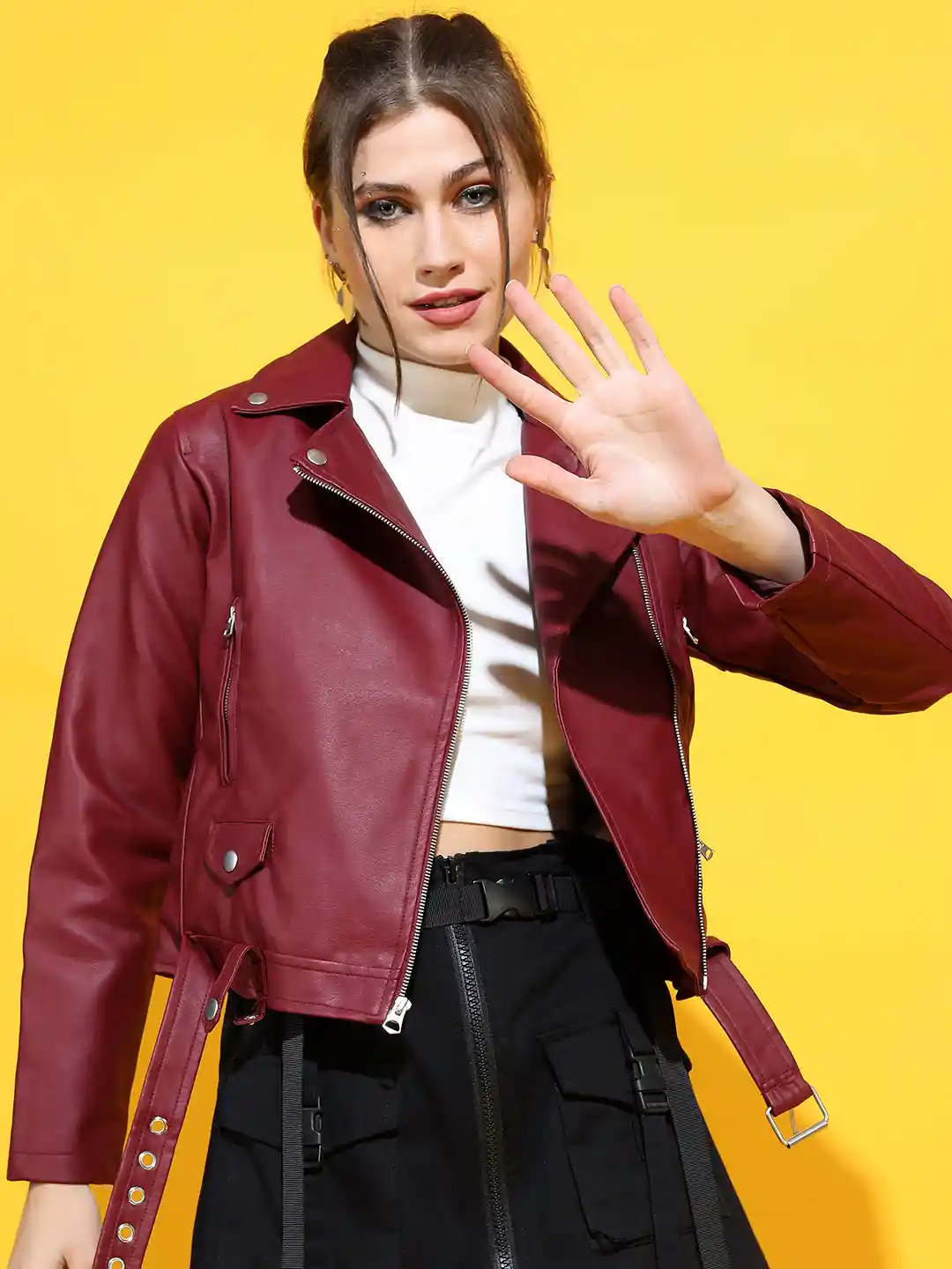 Buy Tokyo Talkies Women Burgundy Solid Crop Biker Jacket Jackets