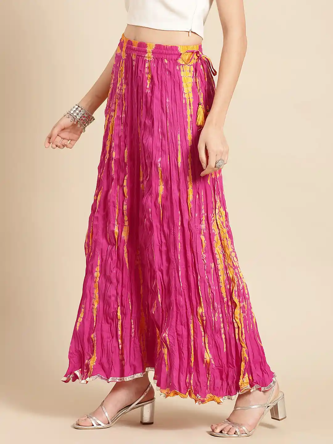 Buy Varanga Pink And Mustard Elasticated Tie And Dye Print Flared