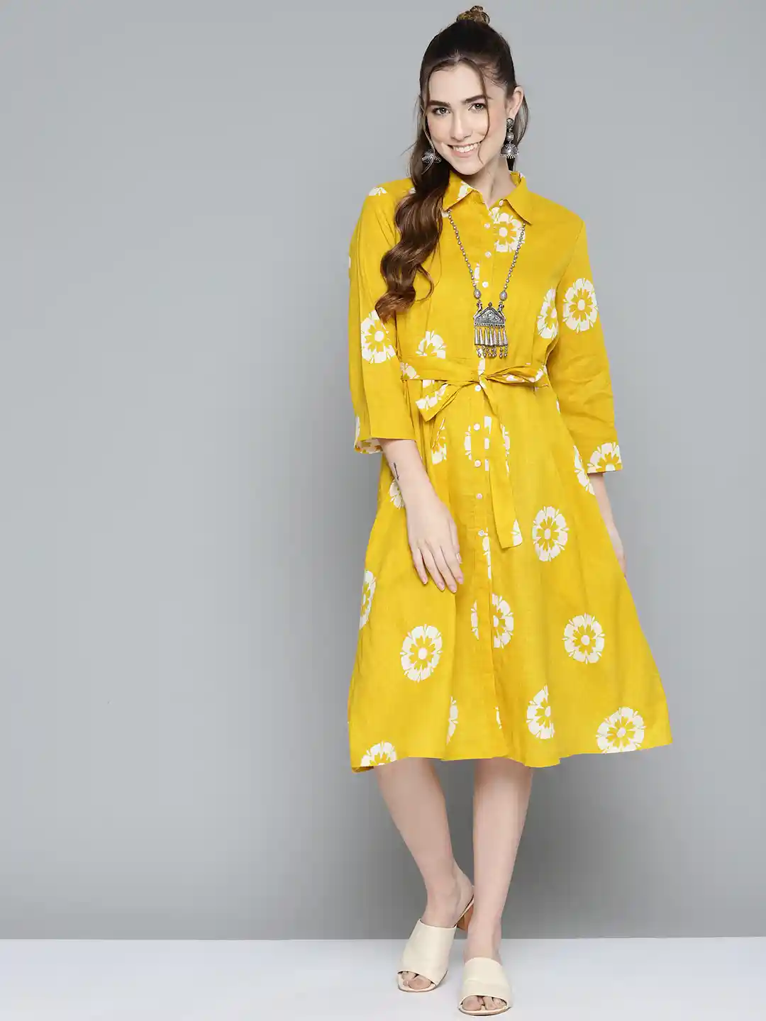 Buy HERE&NOW Mustard Yellow Off White Pure Cotton Floral Print