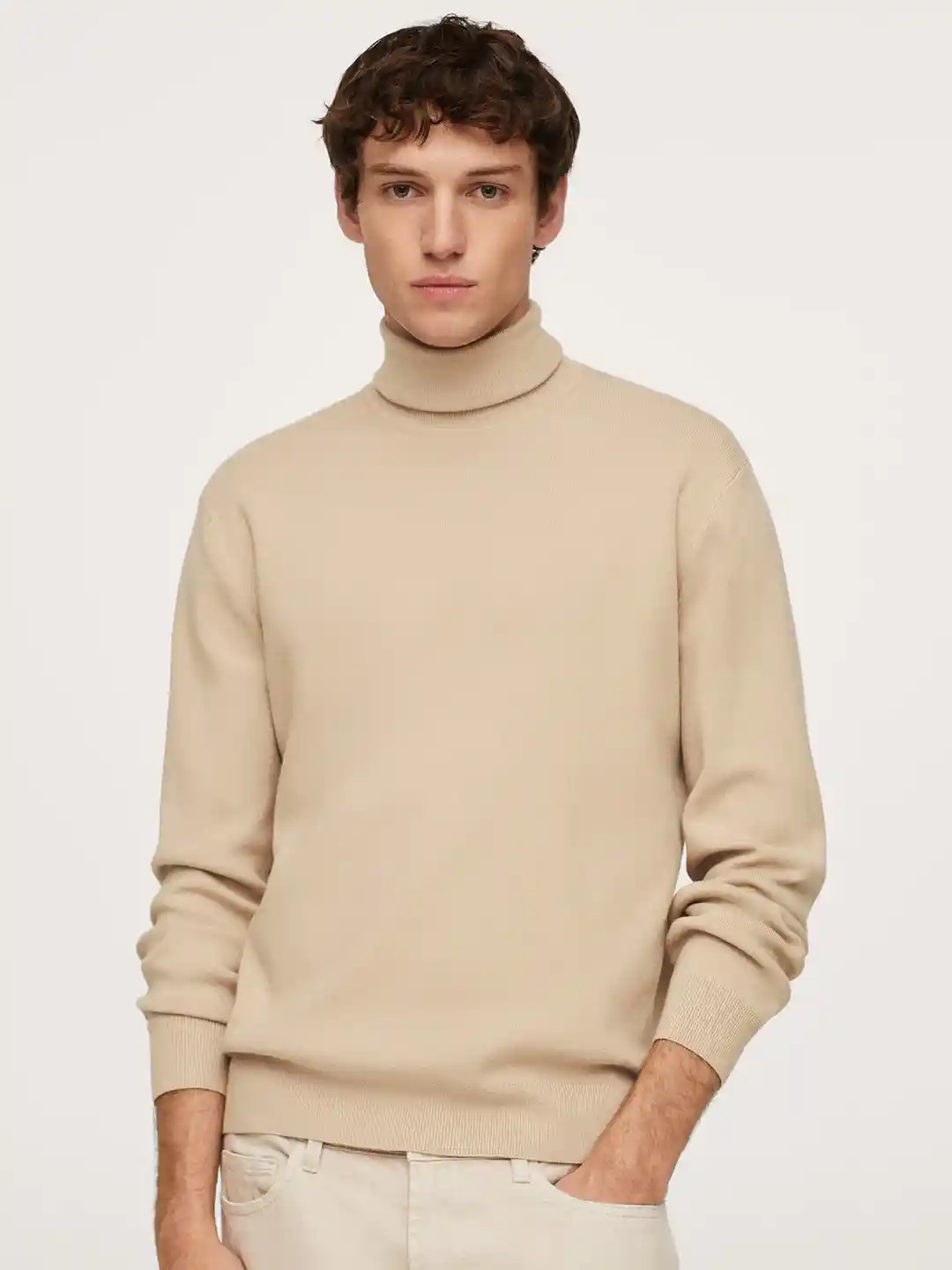 Buy MANGO MAN Beige Solid Turtle Neck Pullover Sweaters for Men