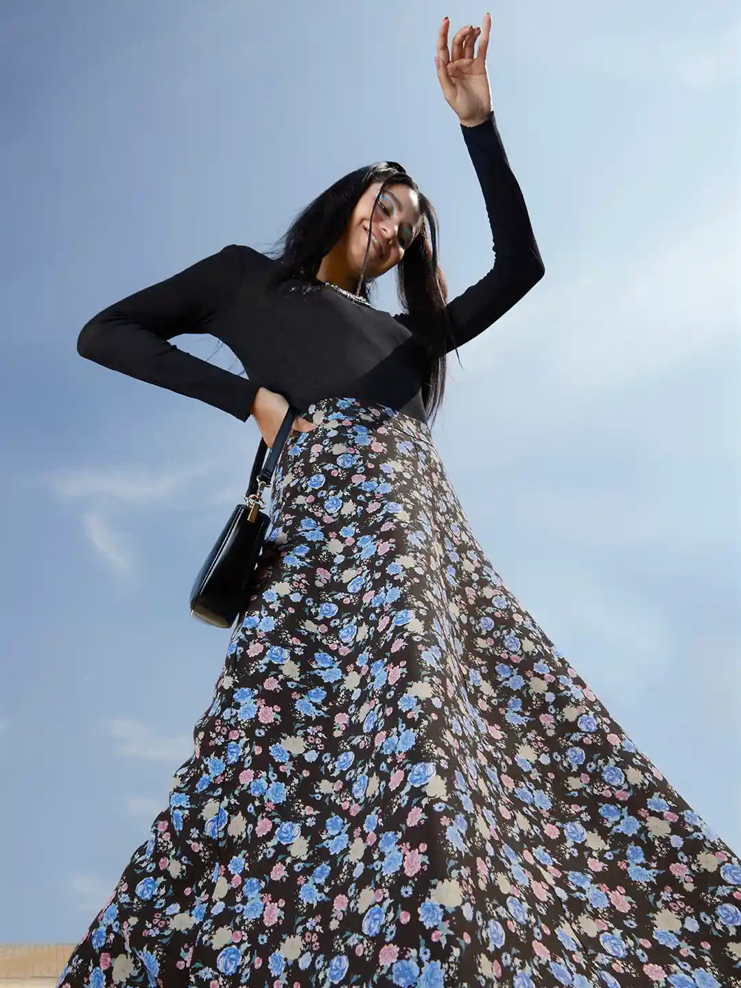 Buy MANGO Women Black Blue Floral Print A-line Midi Skirt