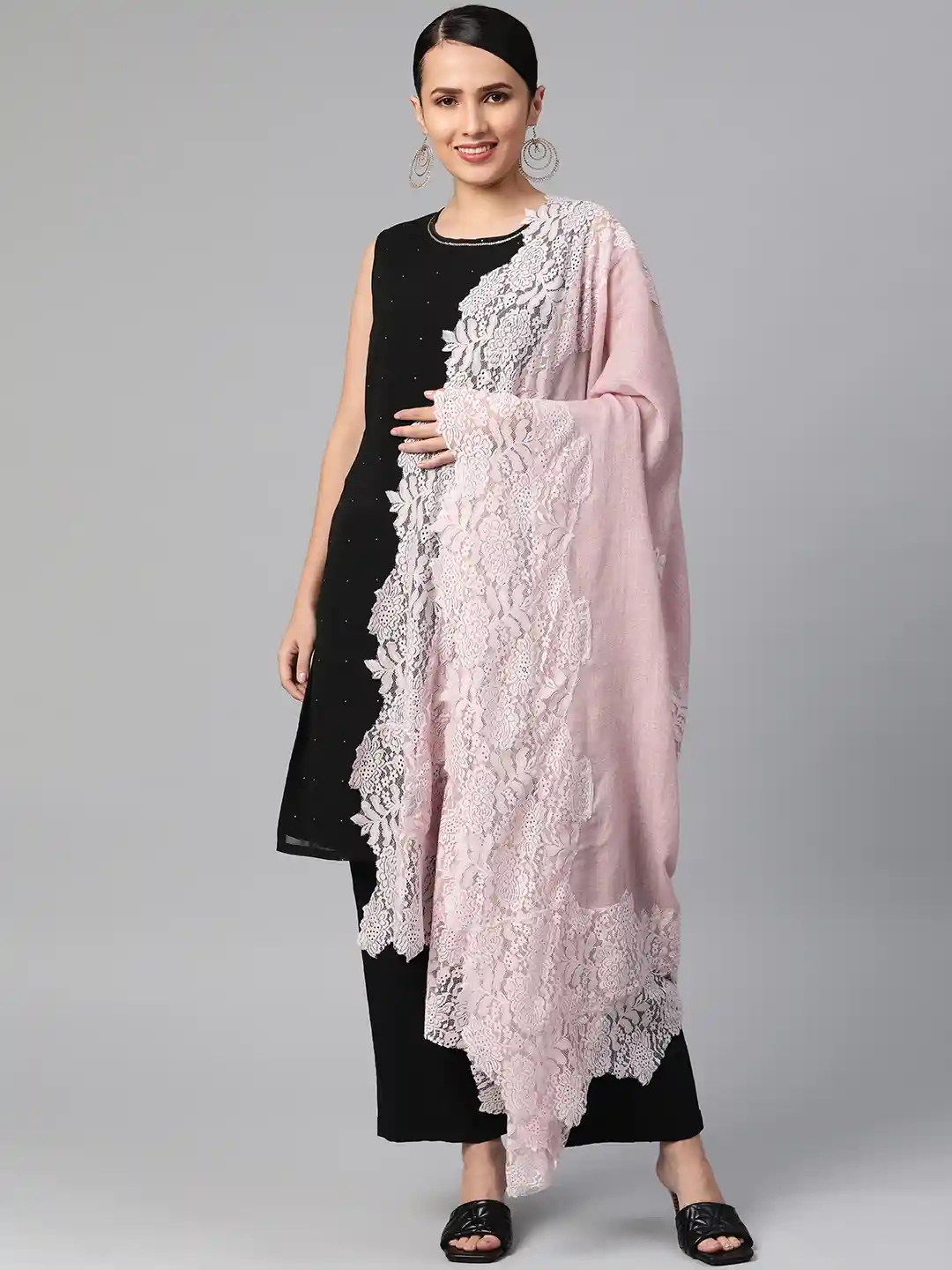 Buy MODARTA Handwoven Woolen Pastel Pink Shawl with valentino lace