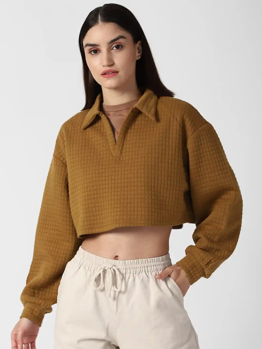 Buy FOREVER 21 Brown Waffle Knit Shirt Style Crop Top Tops for
