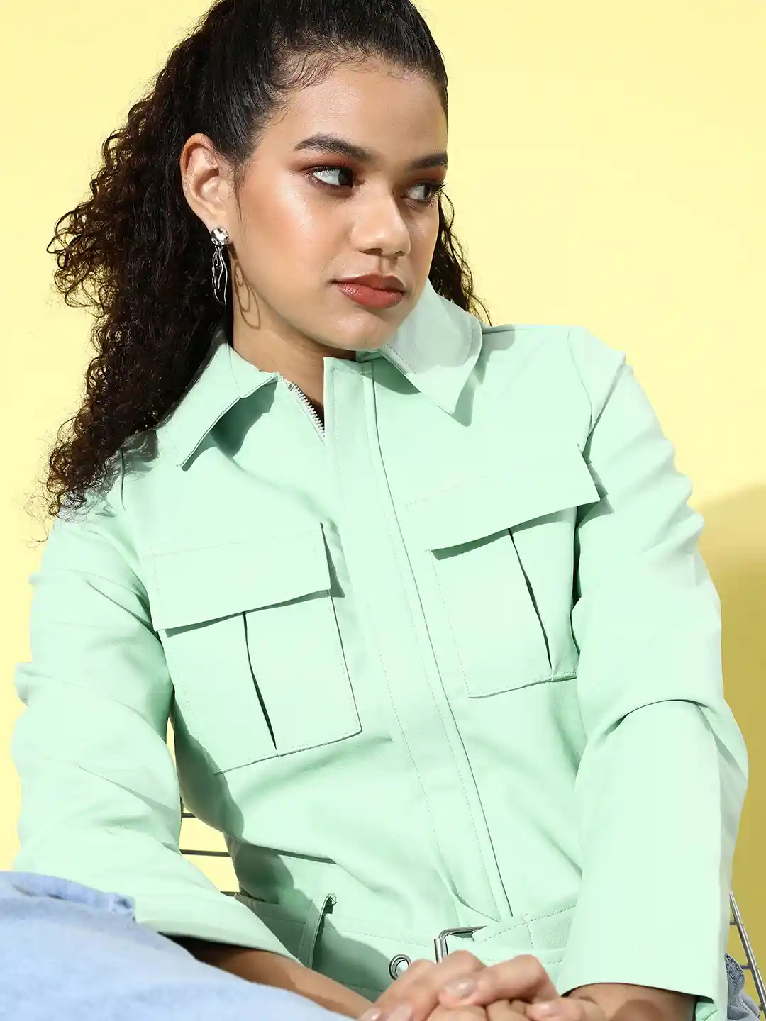 Tokyo Talkies Women Gorgeous Green Solid Faux Leather Jacket