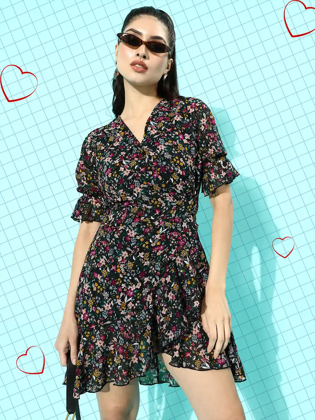 Buy plusS Women Floral Puff Sleeves Wrap Mini Dress Dresses for