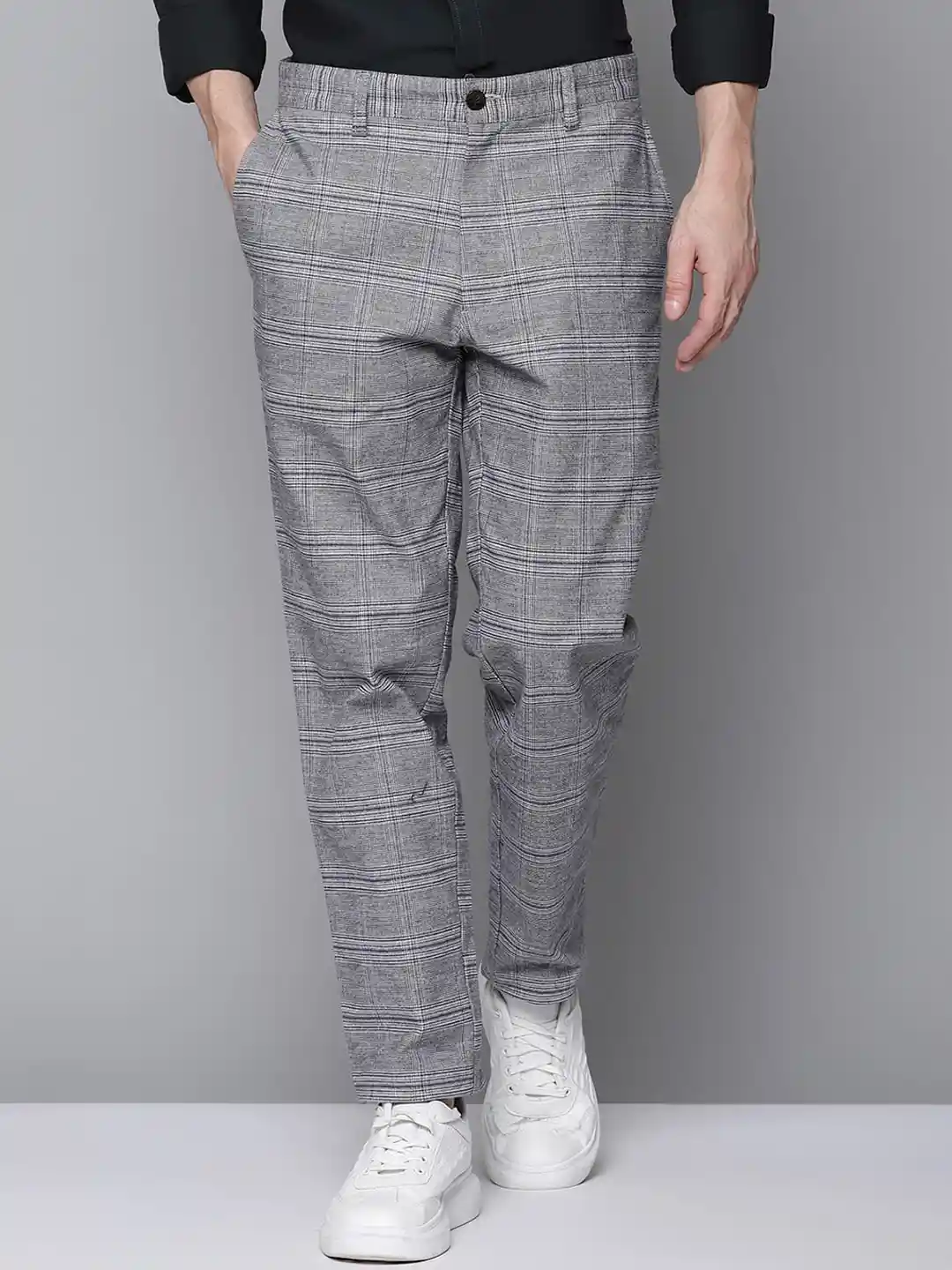 Buy BEN SHERMAN Men Grey Checked Slim Fit Trousers Trousers for