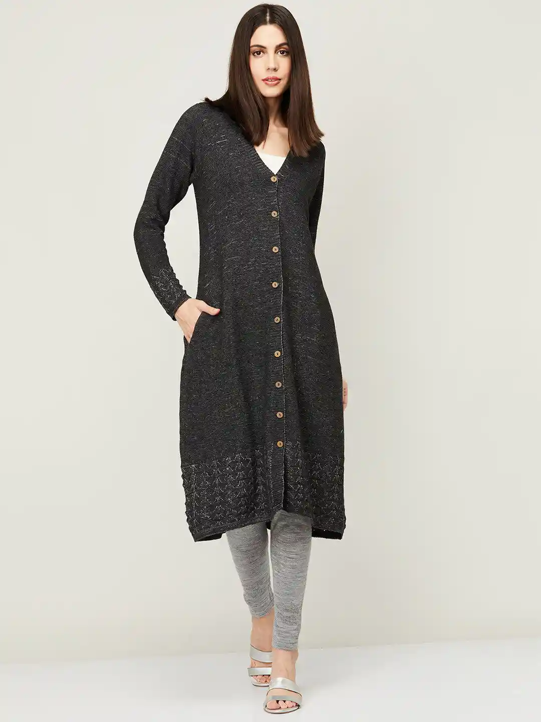 Buy Colour Me by Melange Women Charcoal Longline Button Shrug