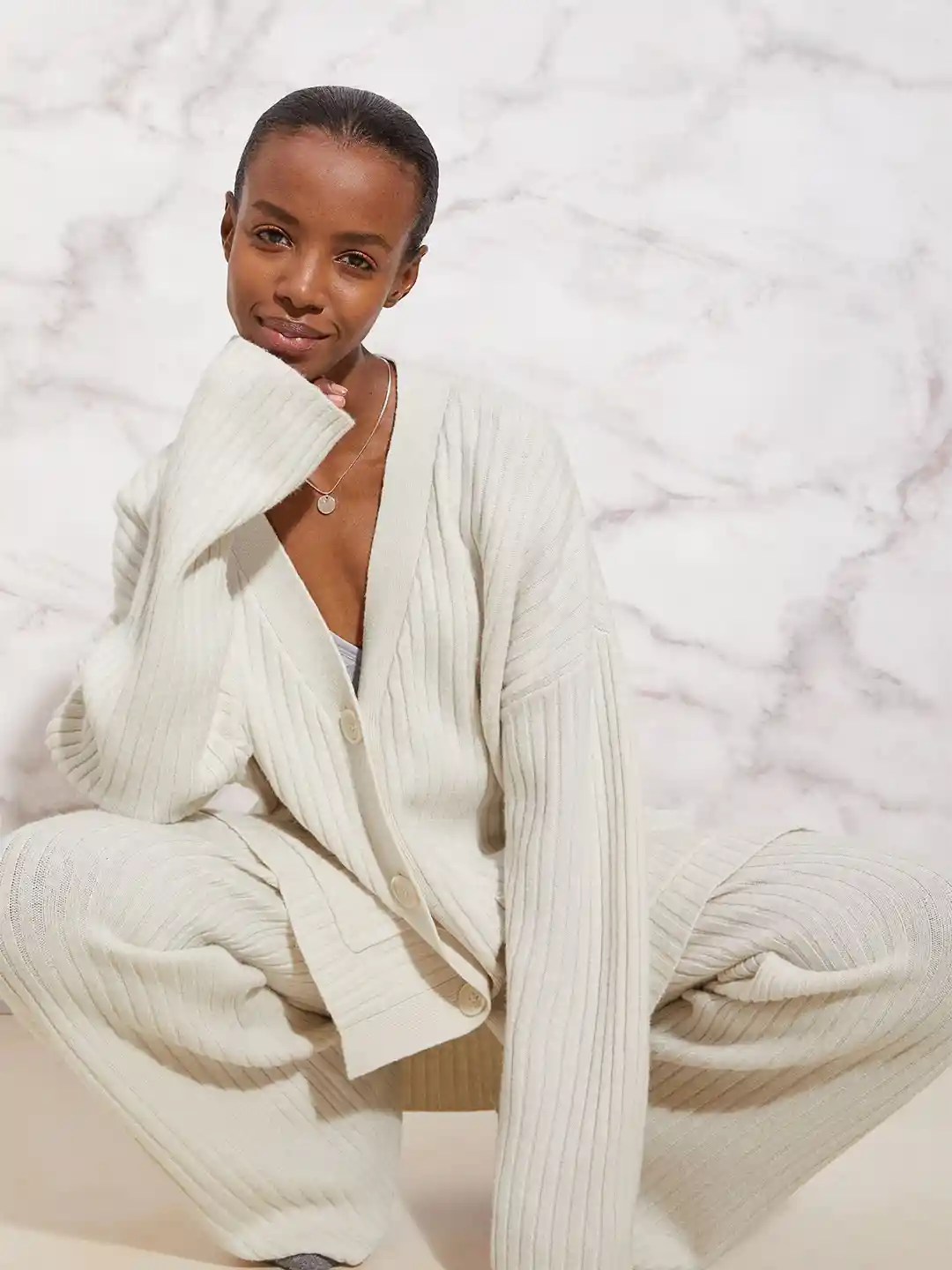 Buy H&M Women Beige Rib-Knit Merino Wool-blend Cardigan Sweaters