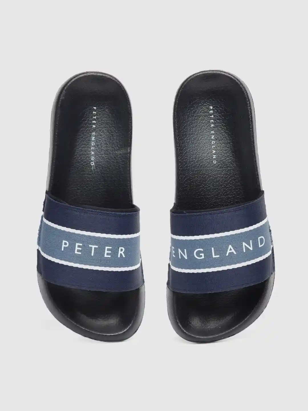 Buy Peter England Men Blue Logo Printed Sliders Flip Flops for