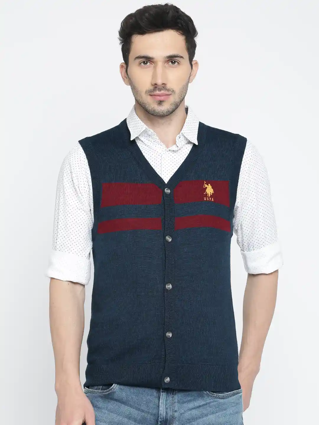 Buy Polo Men Navy Blue Striped Cardigan Sweaters for