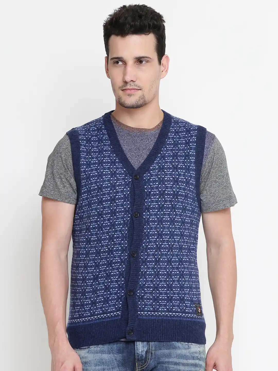 Buy Polo Men Blue Patterned Sleeveless Cardigan