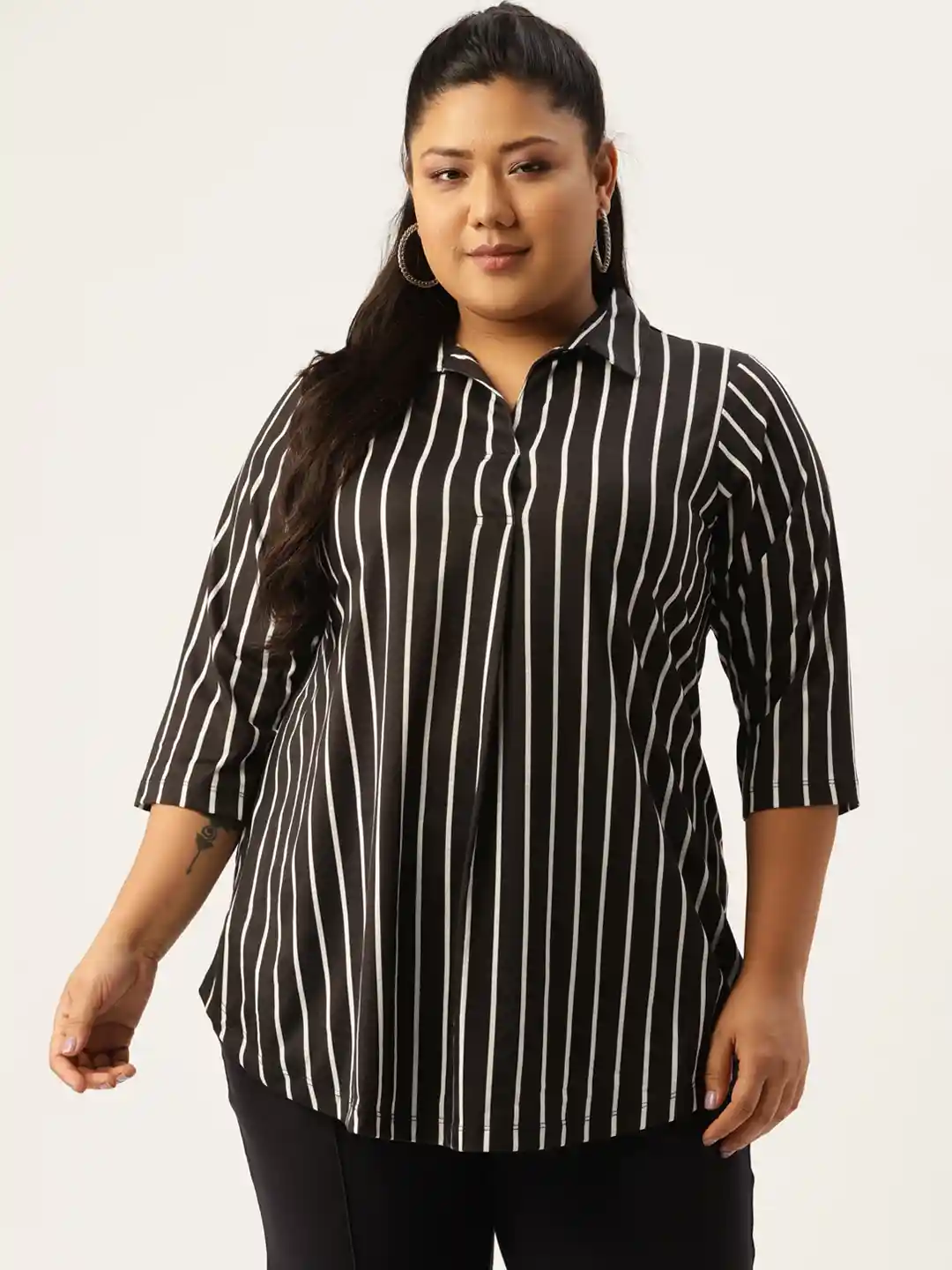 Buy Amydus Women Plus Size Black White Striped Shirt Style Top