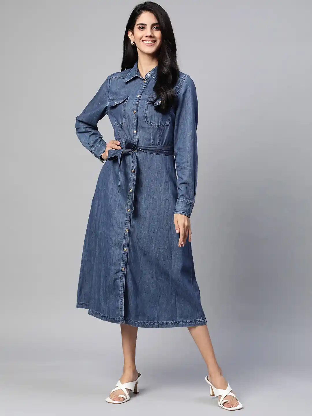 Buy Marks Spencer Navy Blue Solid Pure Cotton Denim Shirt Midi