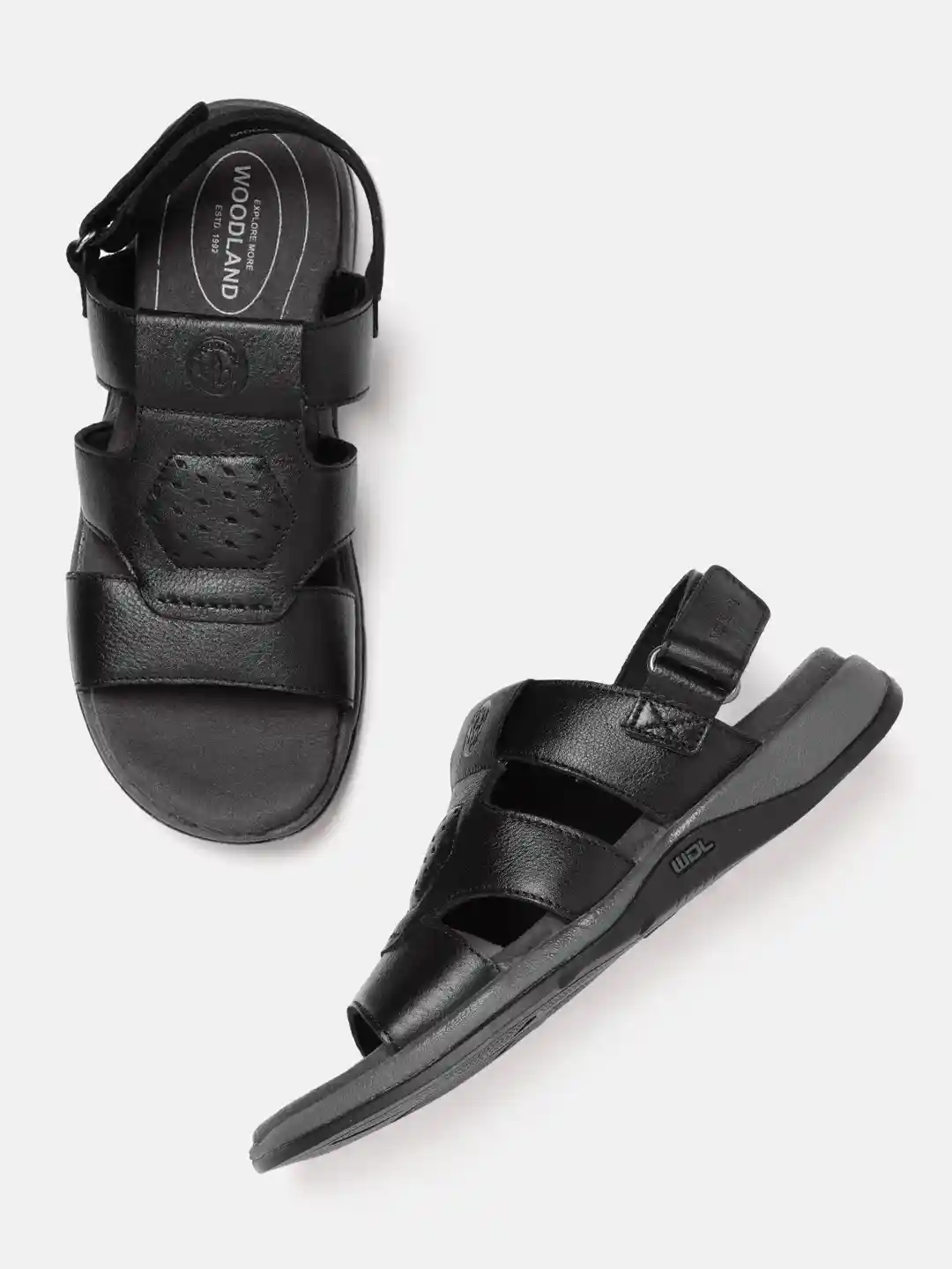 Buy Woodland Men Black Leather Comfort Sandals with Laser Cut