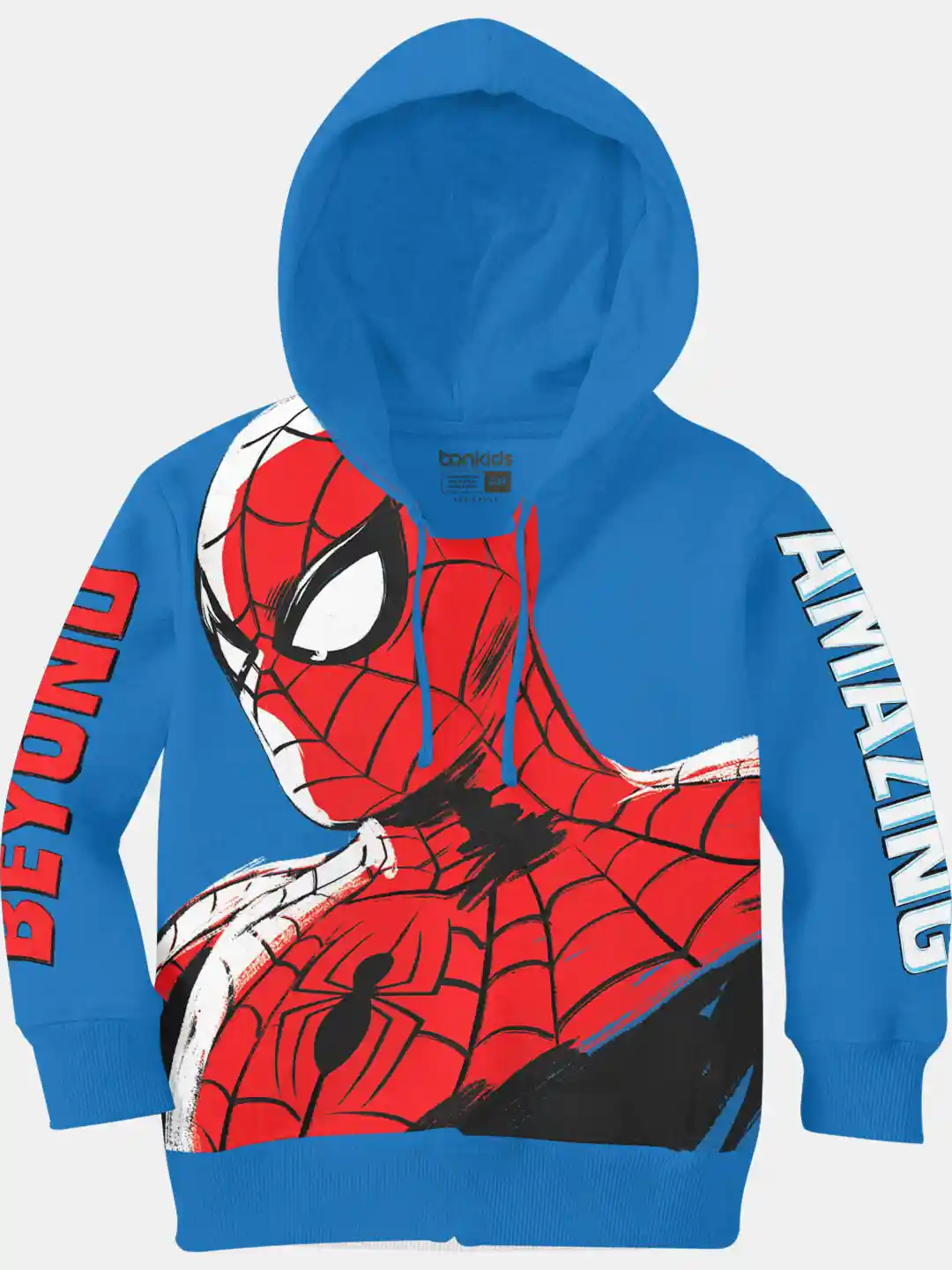 BONKIDS Boys Blue Red Spider Man Printed Hooded Sweatshirt