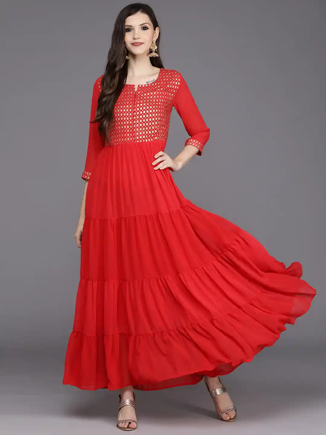 Buy Biba Red Golden Yoke Print Tiered Maxi Dress Ethnic