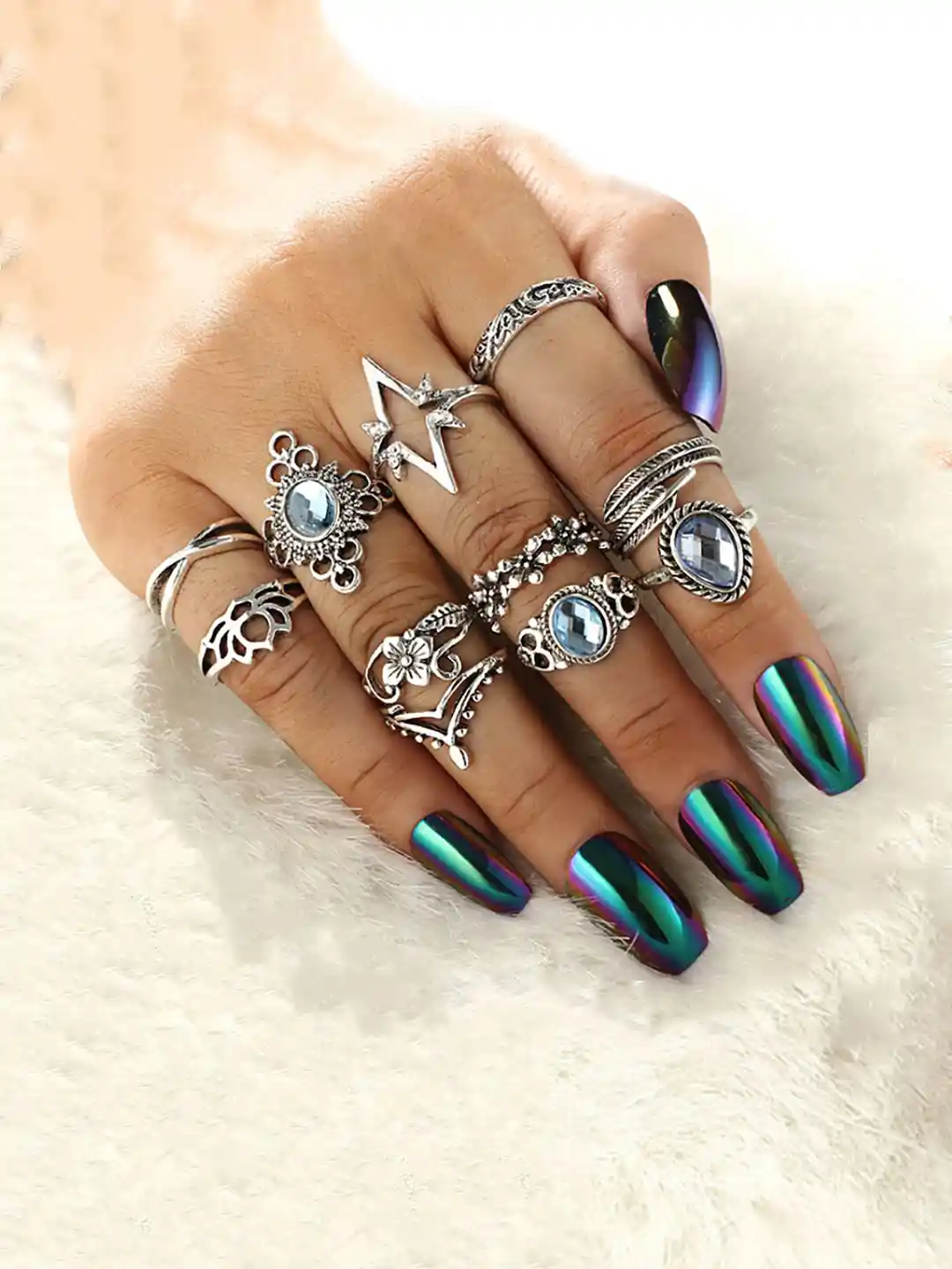 Yellow Chimes Set of 11 Silver Toned Boho Vintage Midi Finger Oxidised  Silver Rings