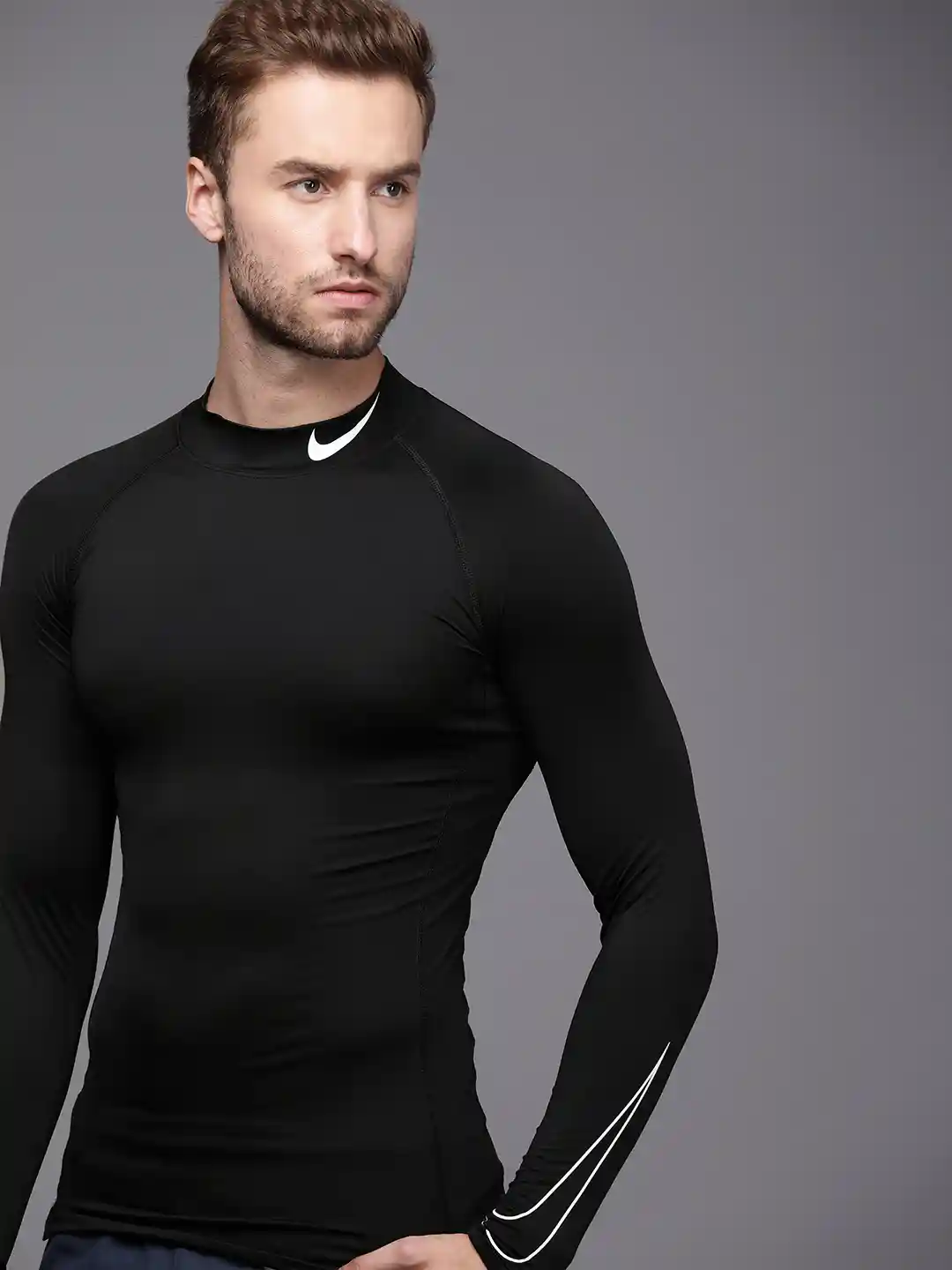 Buy Nike Pro Men Black Solid Tight Fit Long Sleeve MOCK Dri-FIT